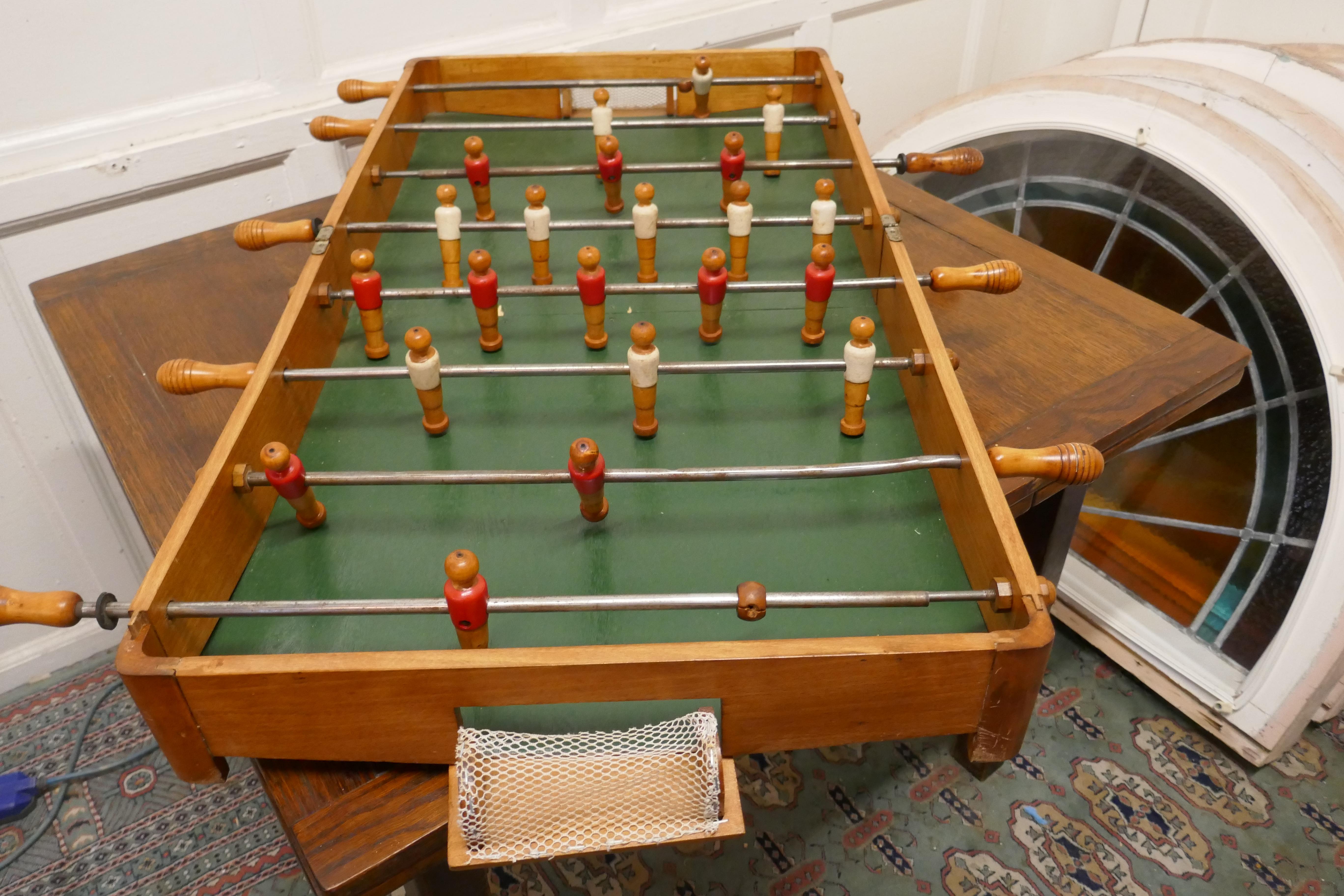 French wooden table top football soccer game

This is one for the Boys, it is a 1930s table football game from France, the game has the players in white and red, these are individually turned pieces
The set has a beech outer frame the handles are