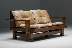 French Wooden Two-Seater with Leather Cushions, 1960s