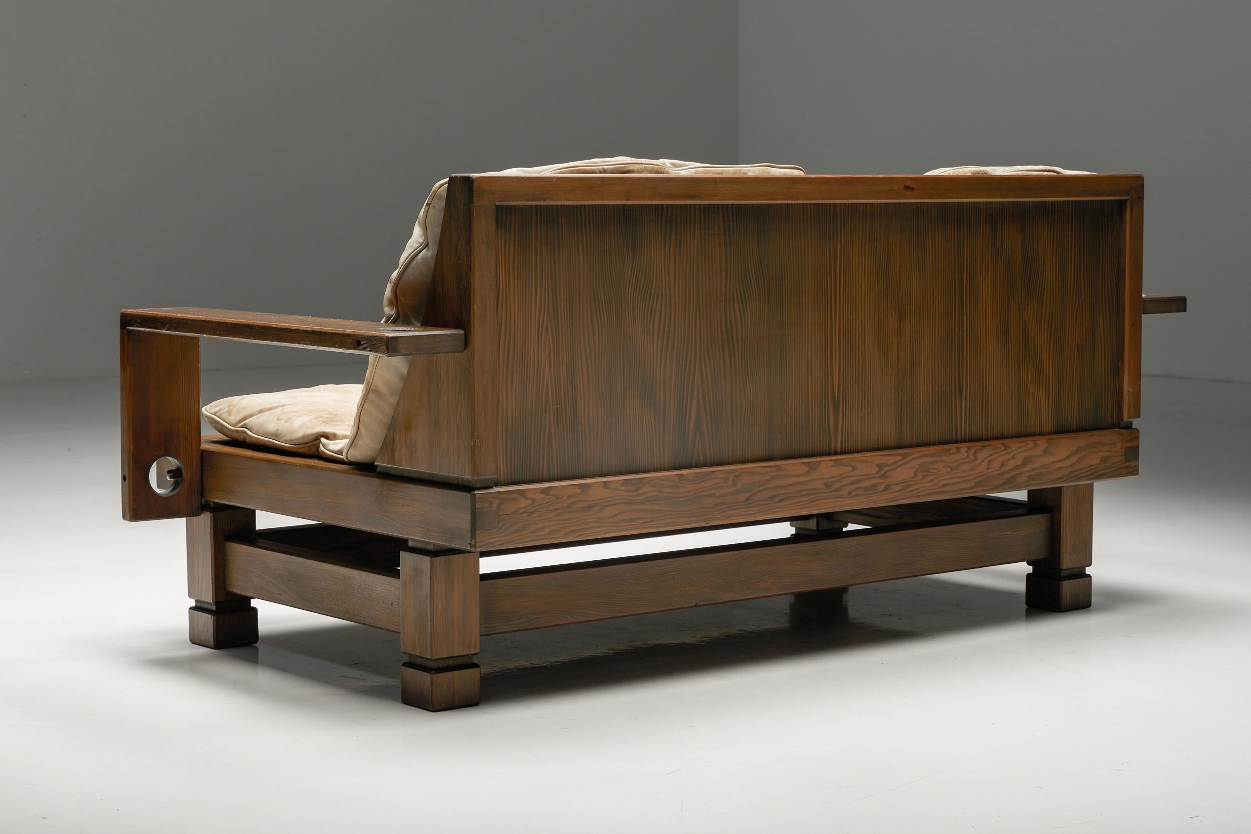Mid-20th Century French Wooden Two-Seater with Leather Cushions, 1960s For Sale