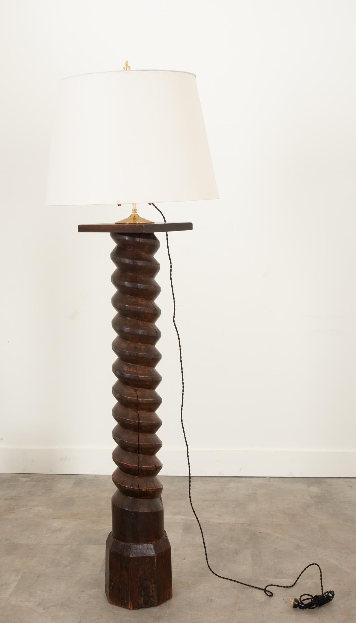 19th Century French Wooden Wine Press Floor Lamp For Sale