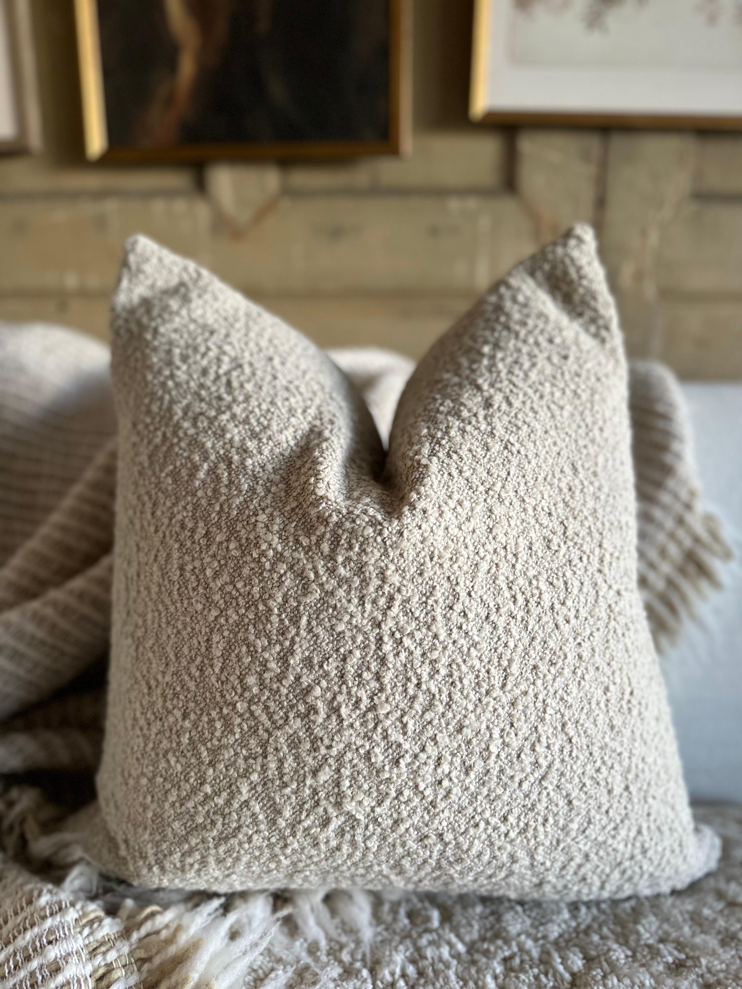 A luxurious wooly bouclette face with stone washed linen back.
Linen & boucle fabric is imported from France.
Custom made to order, can be customized to your size.
Color: Natural
Antique brass zipper
Size 22x22
Includes Down Feather Insert
Care: Can