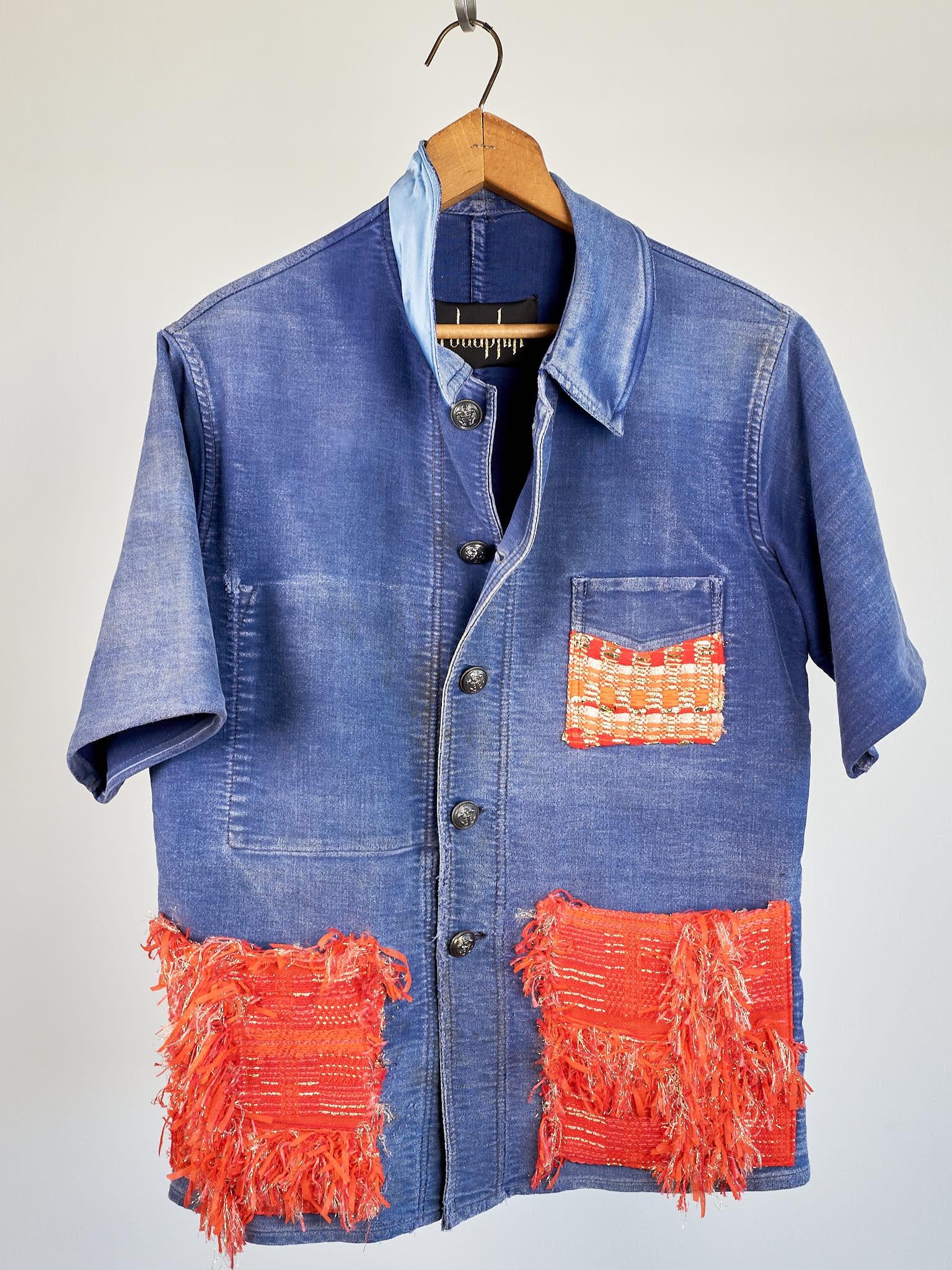 French Work Jacket Short Sleeve Blue Orange Gold Tweed Medium J Dauphin In New Condition In Los Angeles, CA