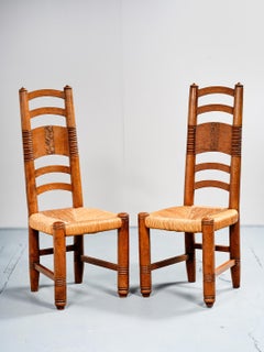 Französisch Arbeit, Paar Hochlehner Eiche Stühle mit Binsen Sitze, ca. 1940-1950
