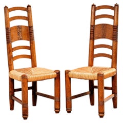 Französisch Arbeit, Paar Hochlehner Eiche Stühle mit Binsen Sitze, ca. 1940-1950