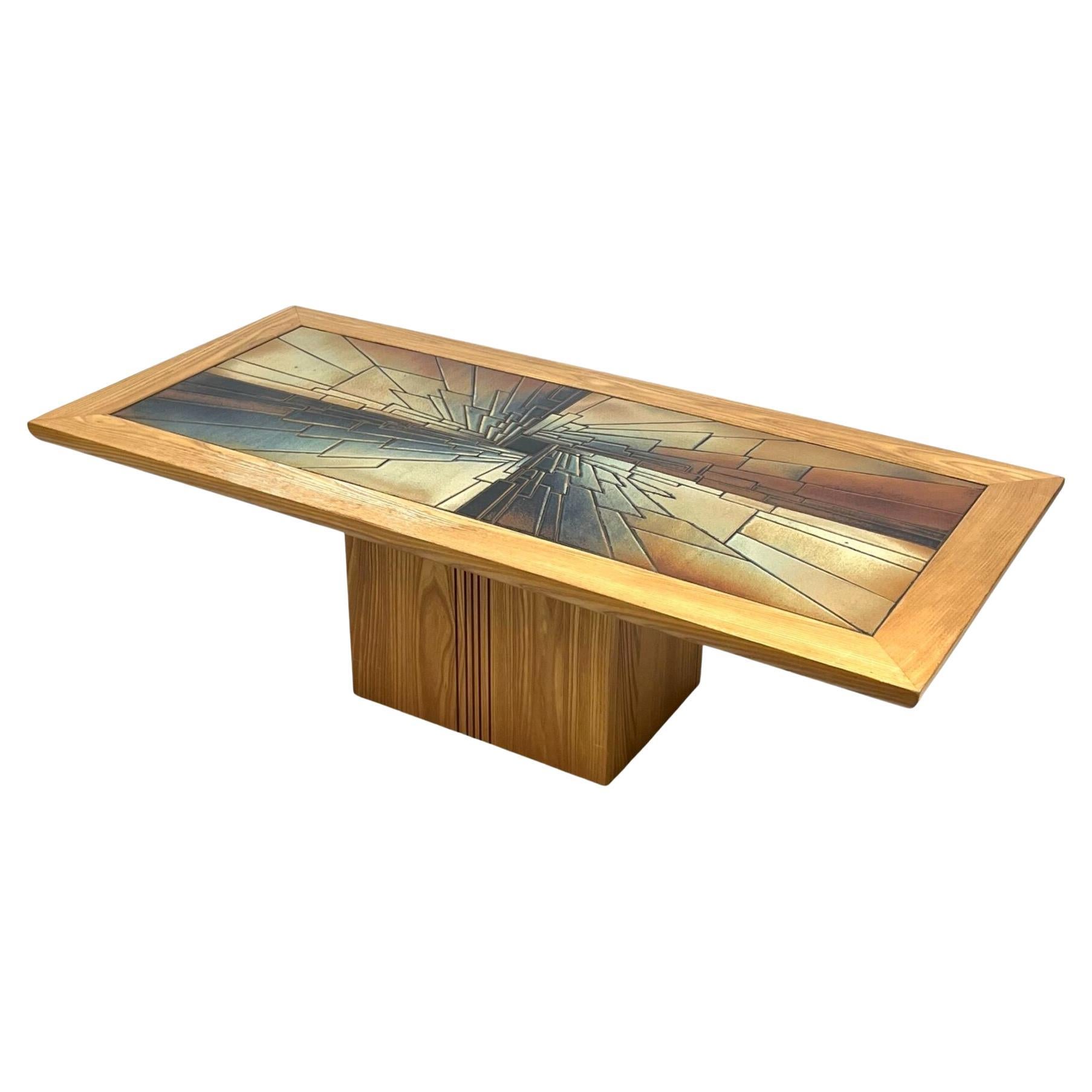 French work, pine coffee table, abstract ceramic top, circa 1970 For Sale
