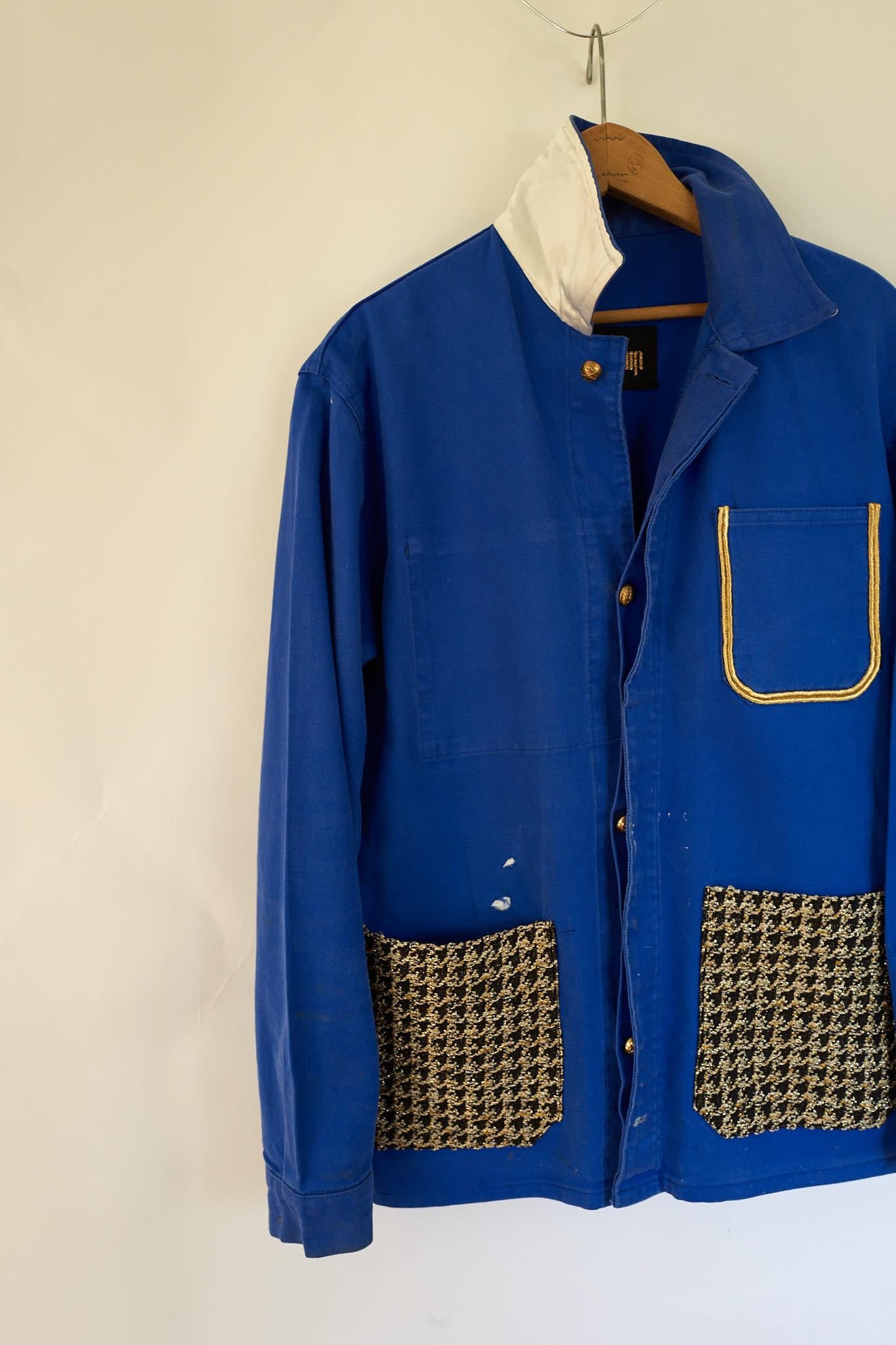 French Work Wear Jacket Cobalt Blue Blazer Gold Tweed J Dauphin In New Condition In Los Angeles, CA