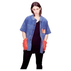 French Work Wear short sleeve Jacket Fringe Tweed Orange Blue Silk Medium 