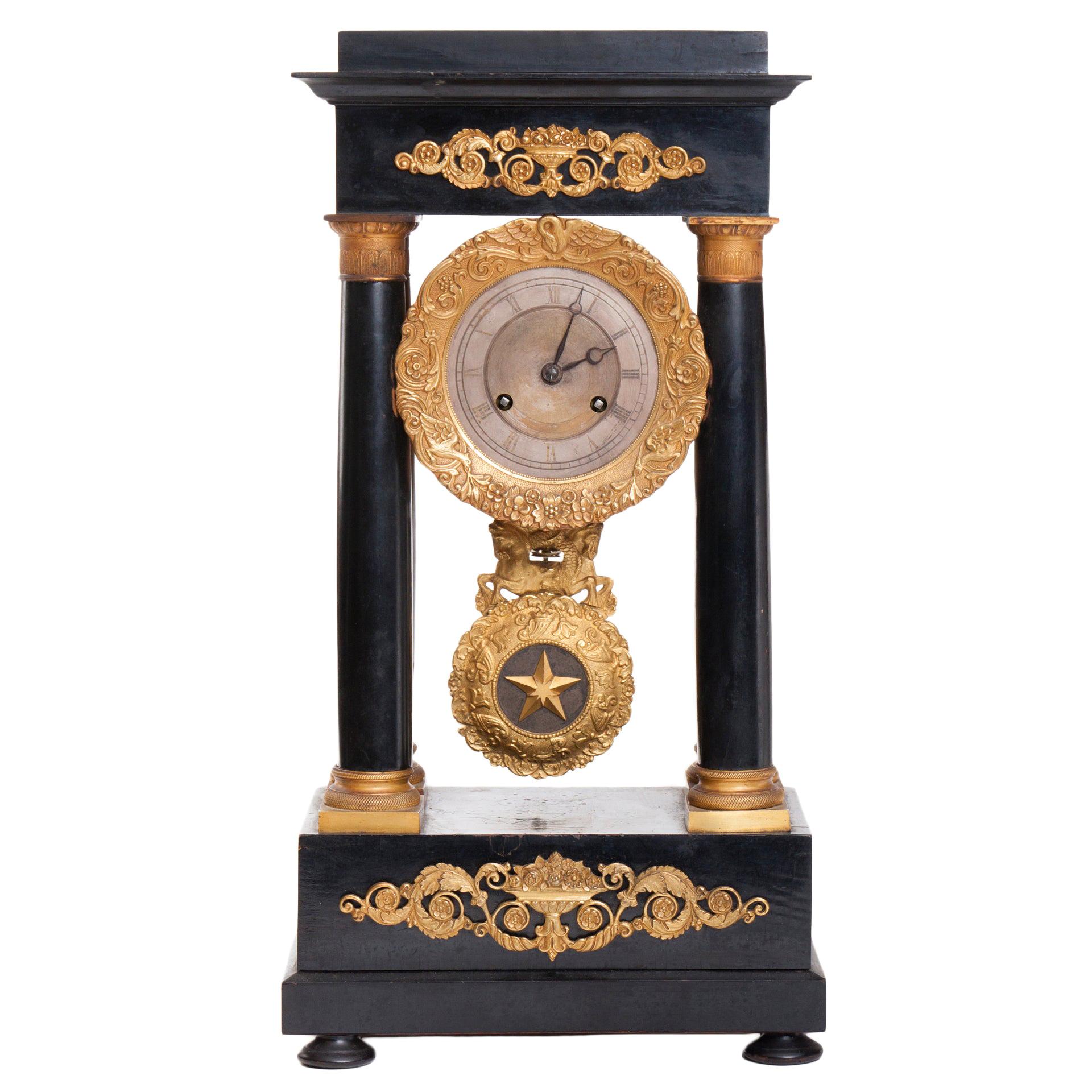 French Working Wooden Bronze Fireplace Clock, 19th Century For Sale