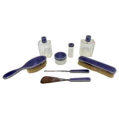 French Workshop, French Sterling Guilloché Enamel 8 Pc Vanity Set, Circa 1920