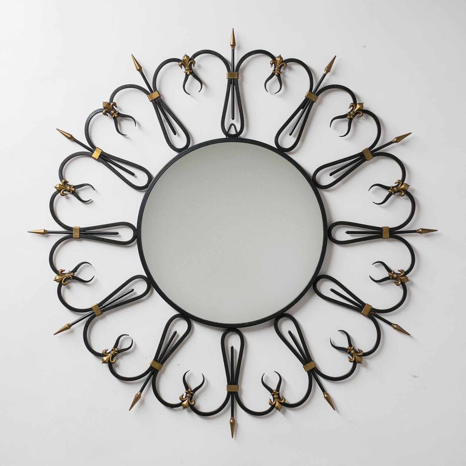 French Wought Iron Mirror, circa 1960, Brass Fleur de Lys Details 6