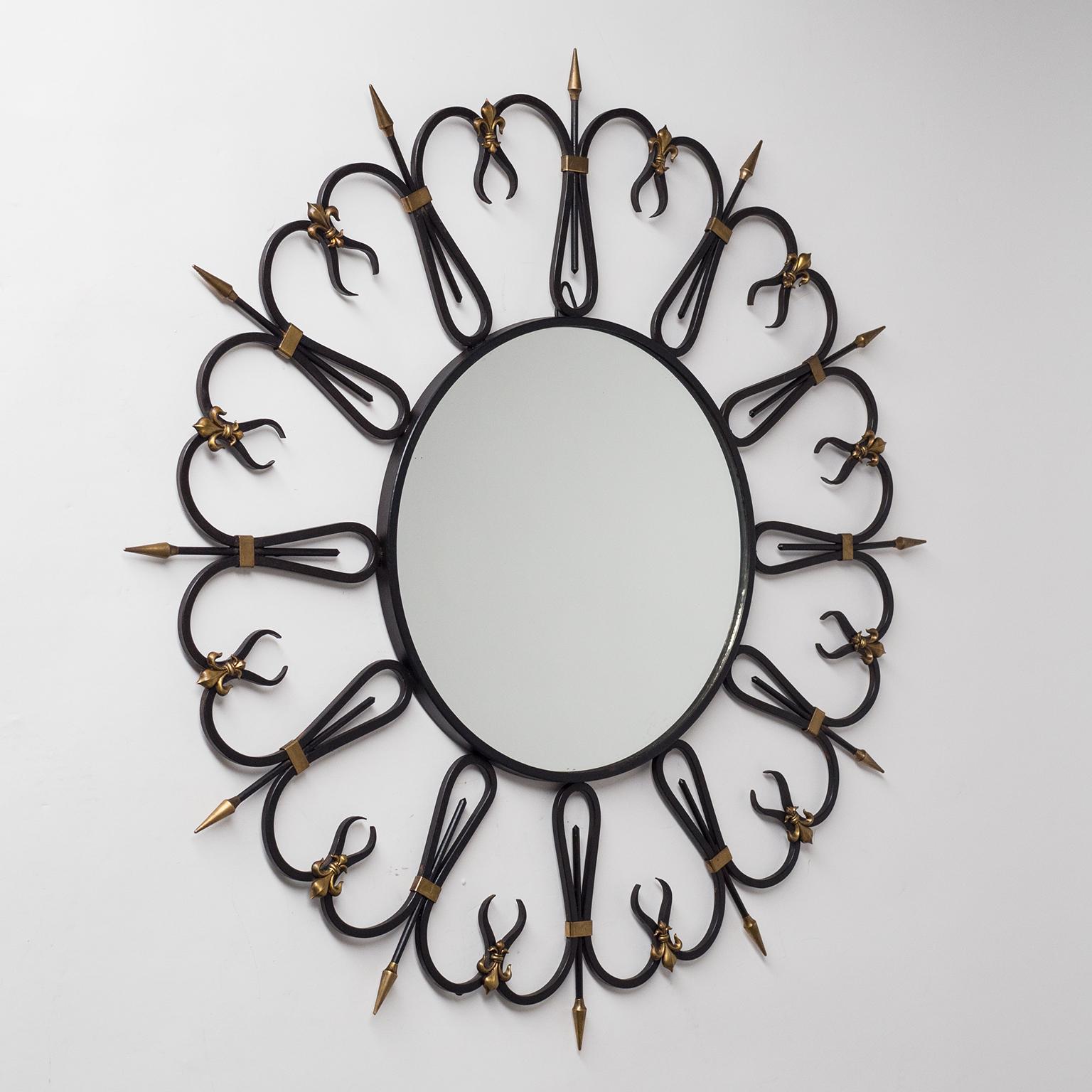 French Wought Iron Mirror, circa 1960, Brass Fleur de Lys Details 3