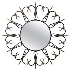 French Wought Iron Mirror, circa 1960, Brass Fleur de Lys Details