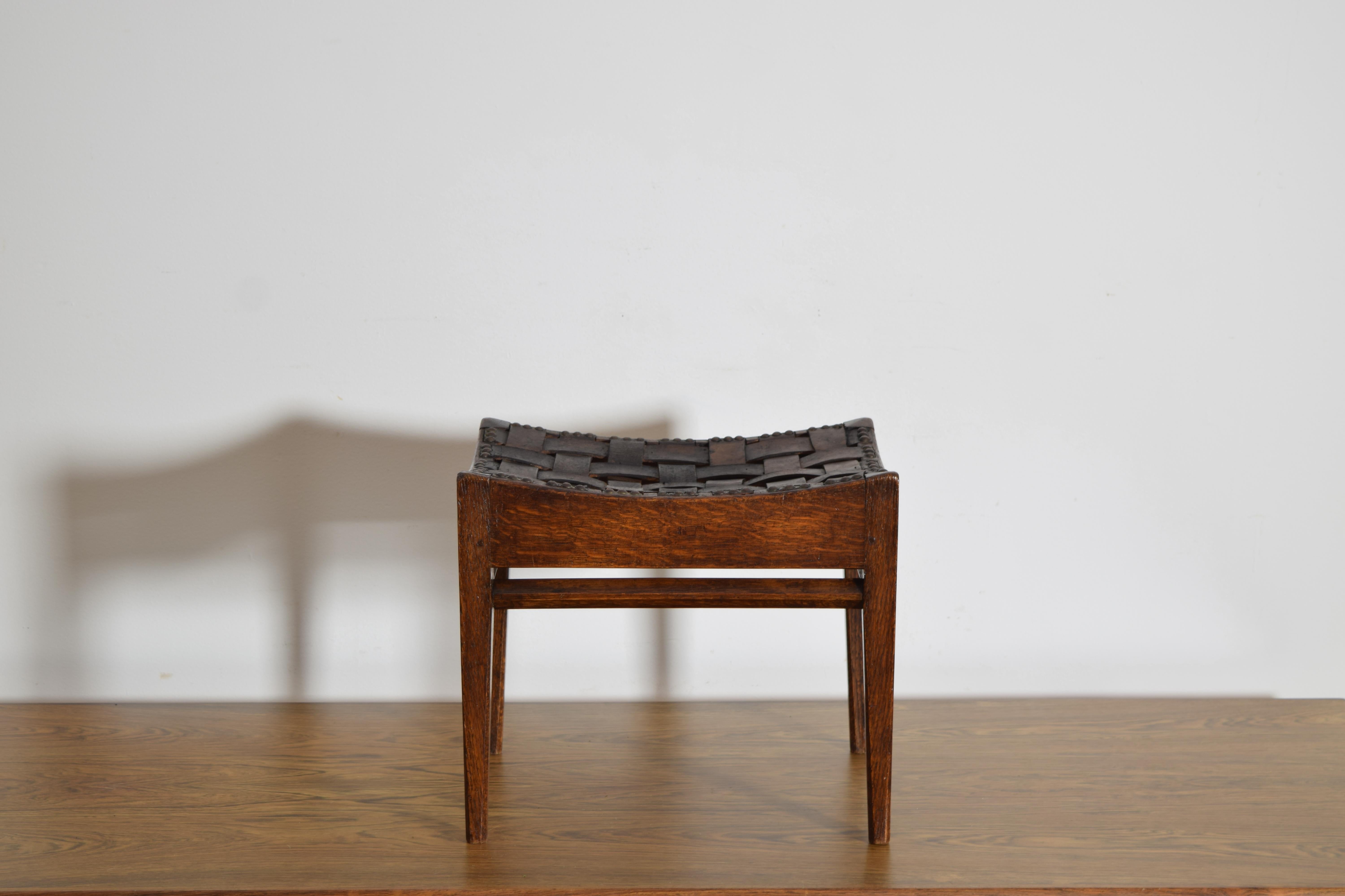 Mid-Century Modern French Woven Leather and Oak Bench, mid 20th century For Sale