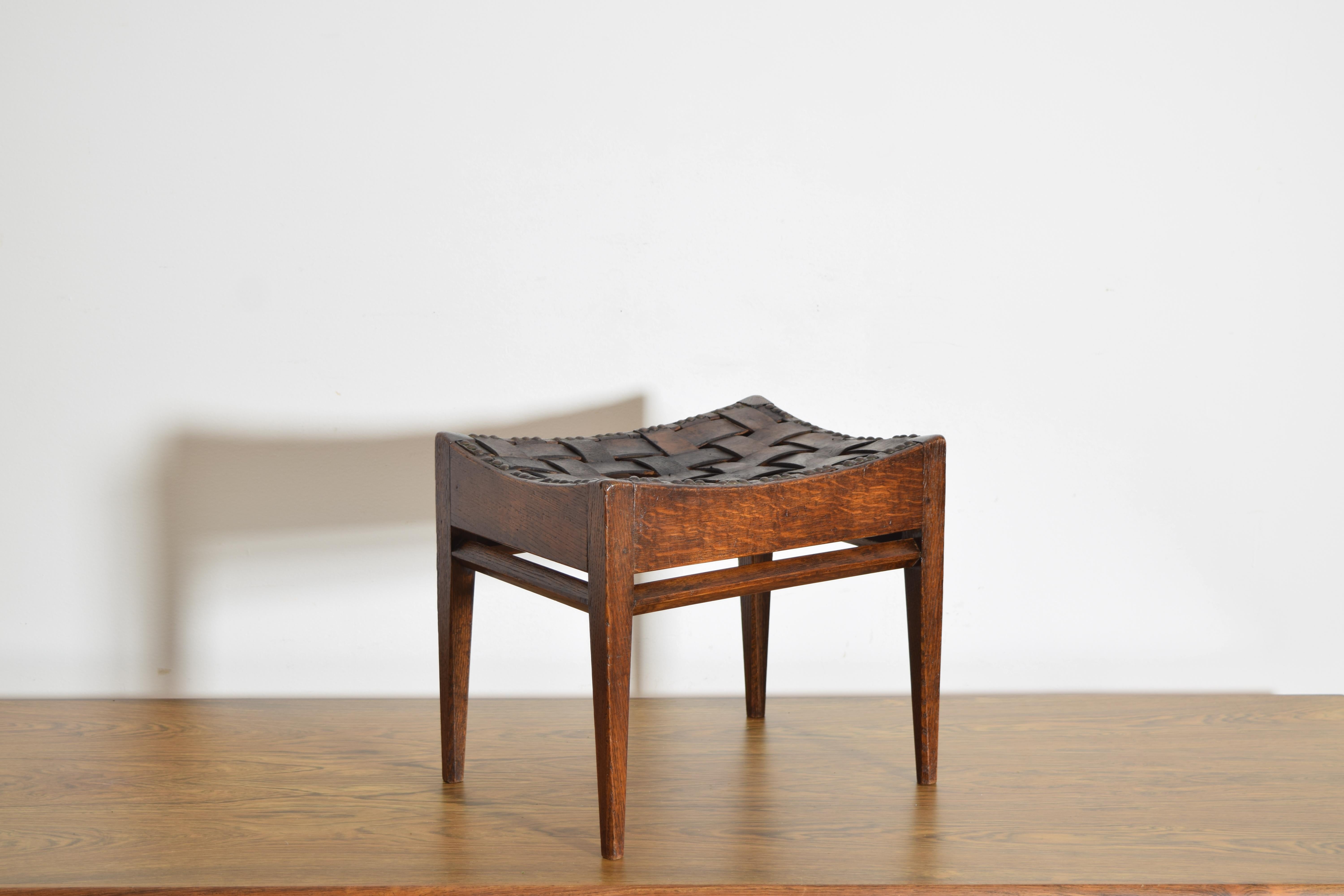 French Woven Leather and Oak Bench, mid 20th century In Good Condition For Sale In Atlanta, GA