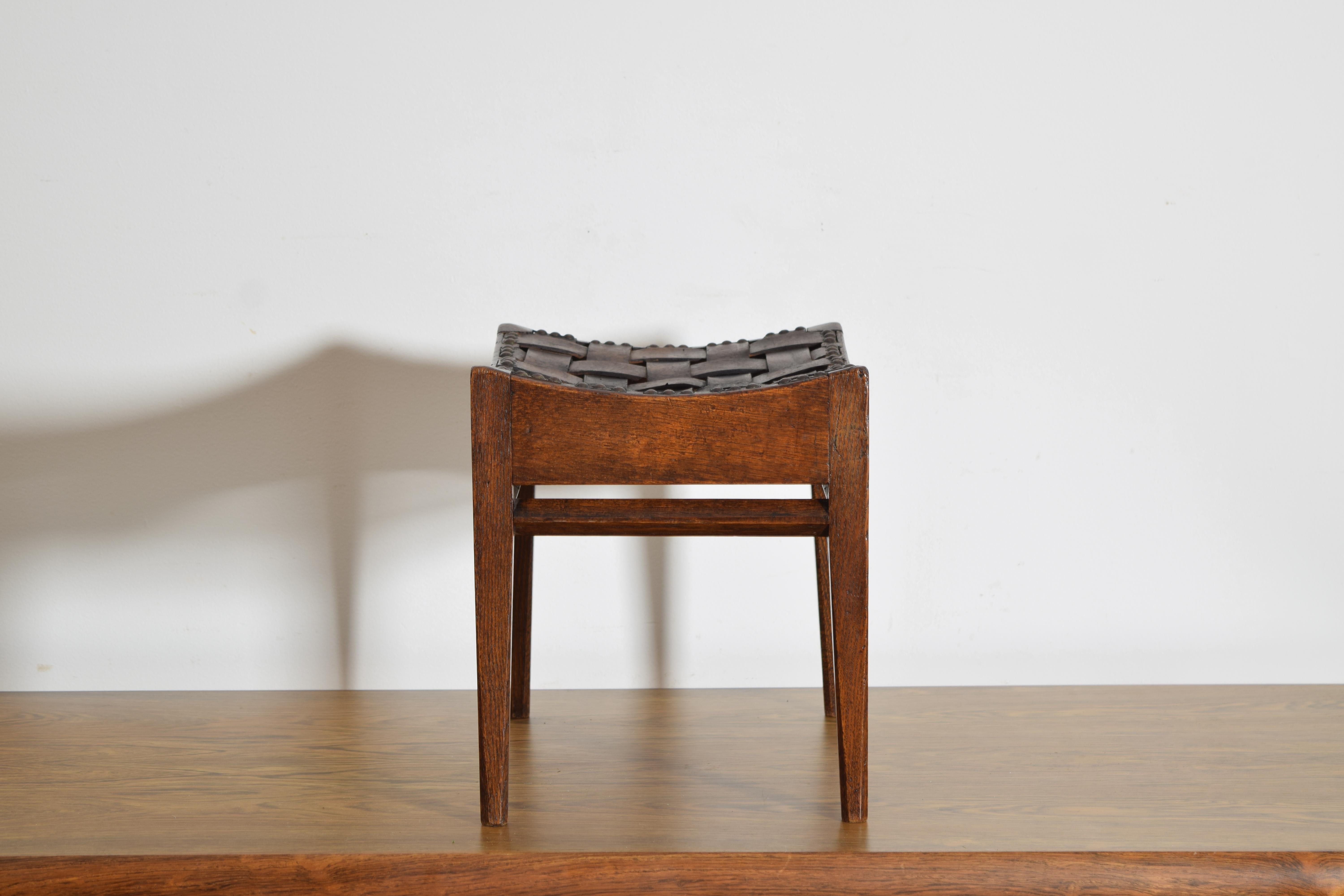 20th Century French Woven Leather and Oak Bench, mid 20th century For Sale