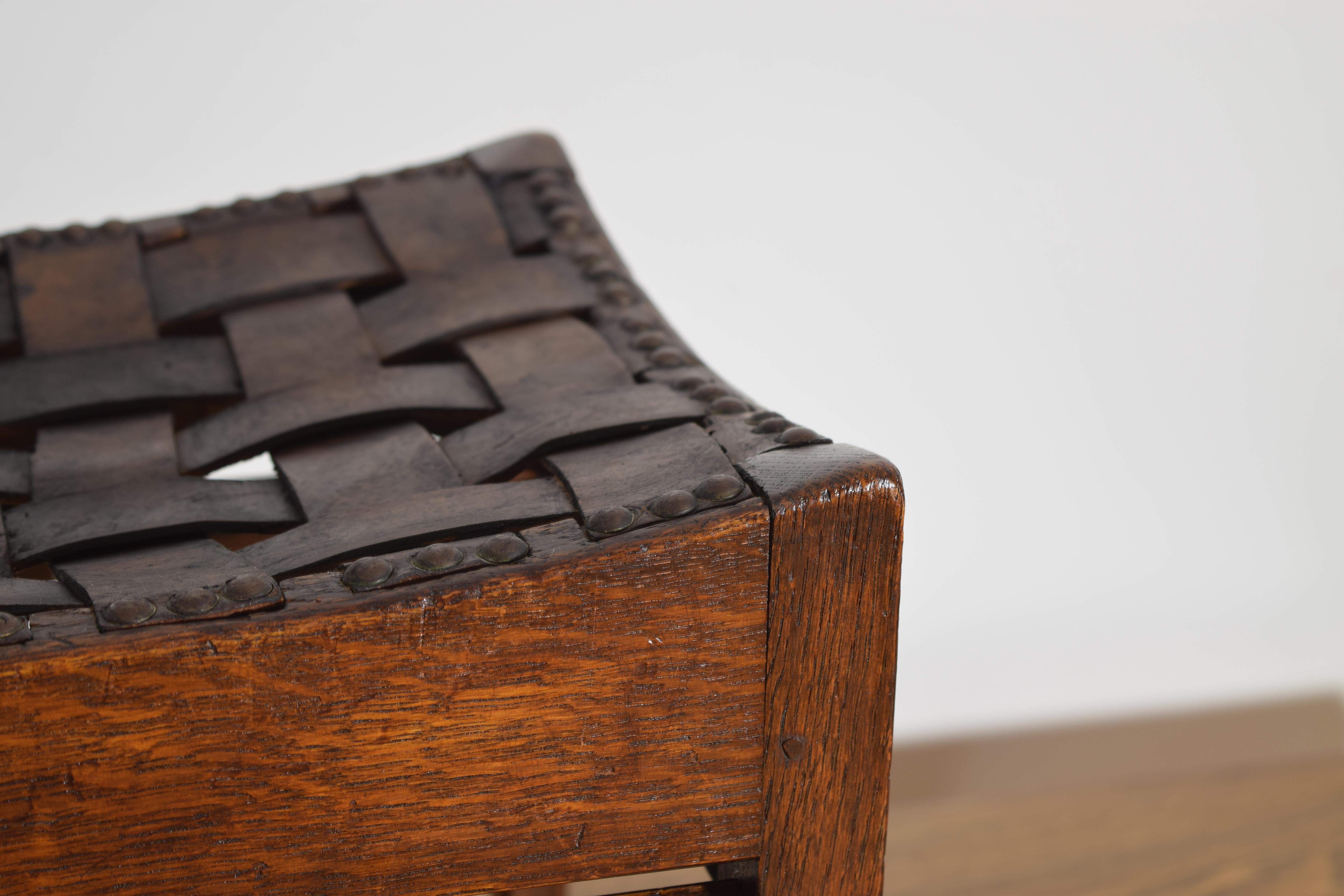 French Woven Leather and Oak Bench, mid 20th century For Sale 1