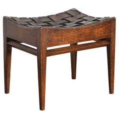 French Woven Leather and Oak Bench, mid 20th century