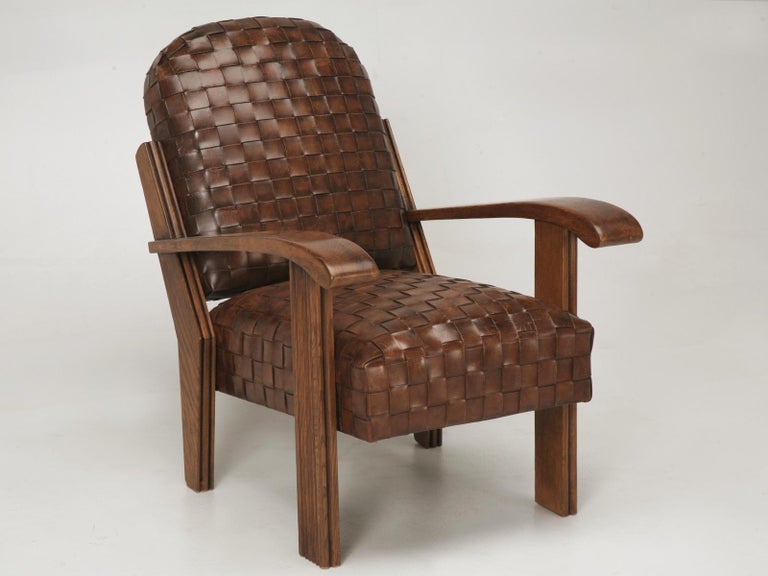  French Woven Leather Club Chairs with Matching Ottomans Available in any Color For Sale 8