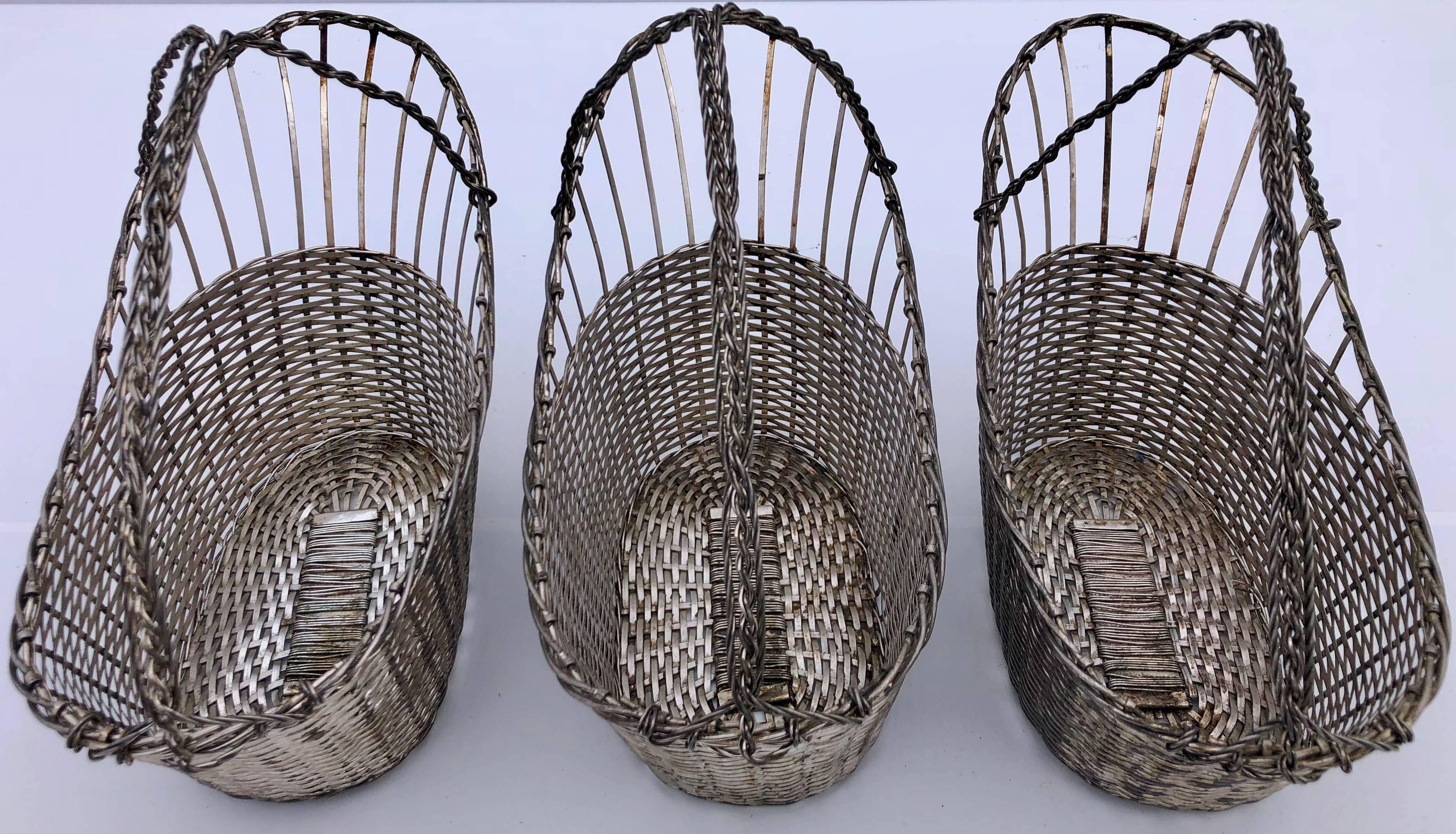 French Woven Metal Basket Bottle Holders Used in a Parisian Restaurant In Good Condition For Sale In Petaluma, CA