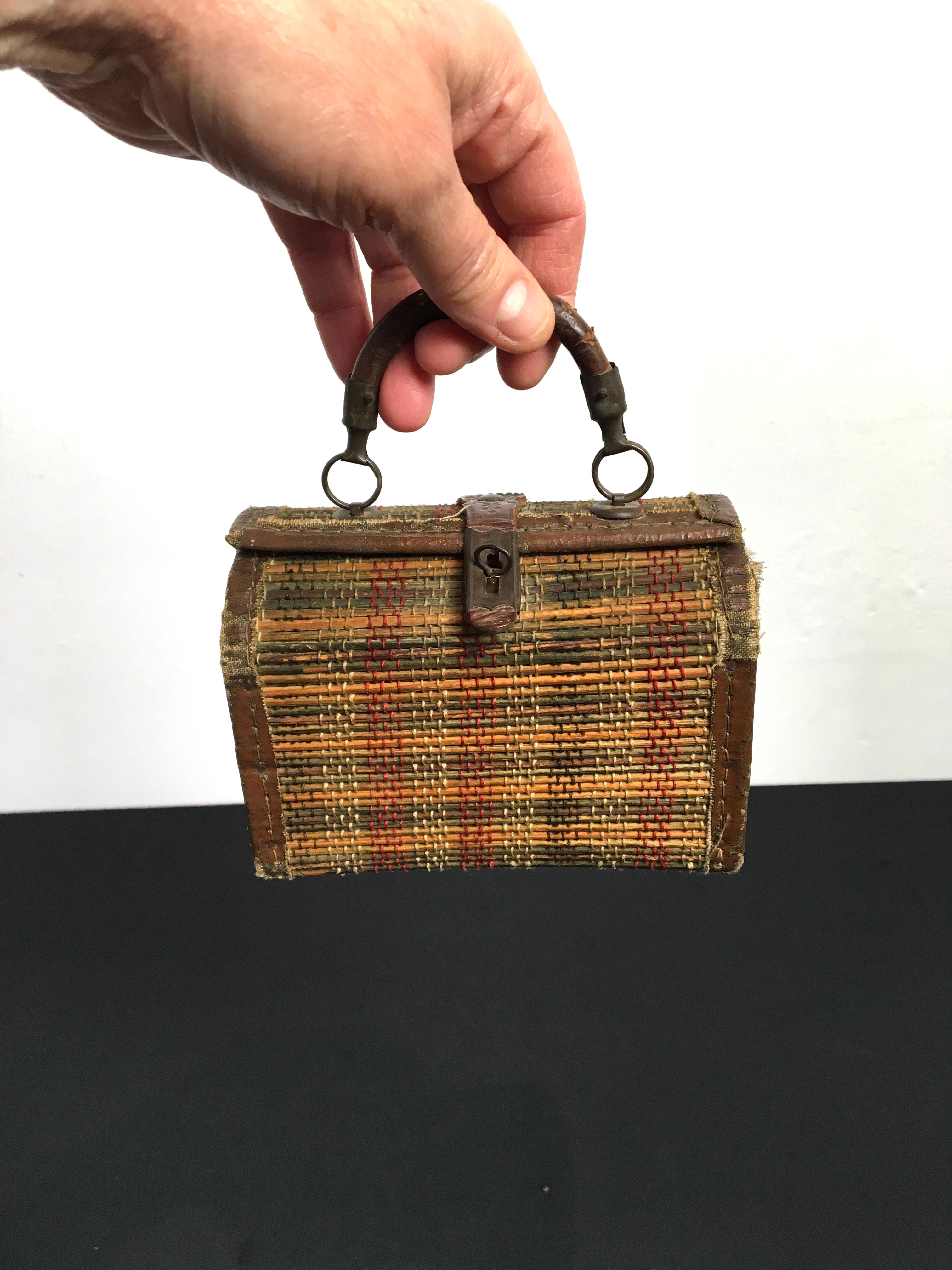 Belle Époque French Woven Colored Cane Mini Bag , Lunch Box, Suitcase, Handbasket For Sale