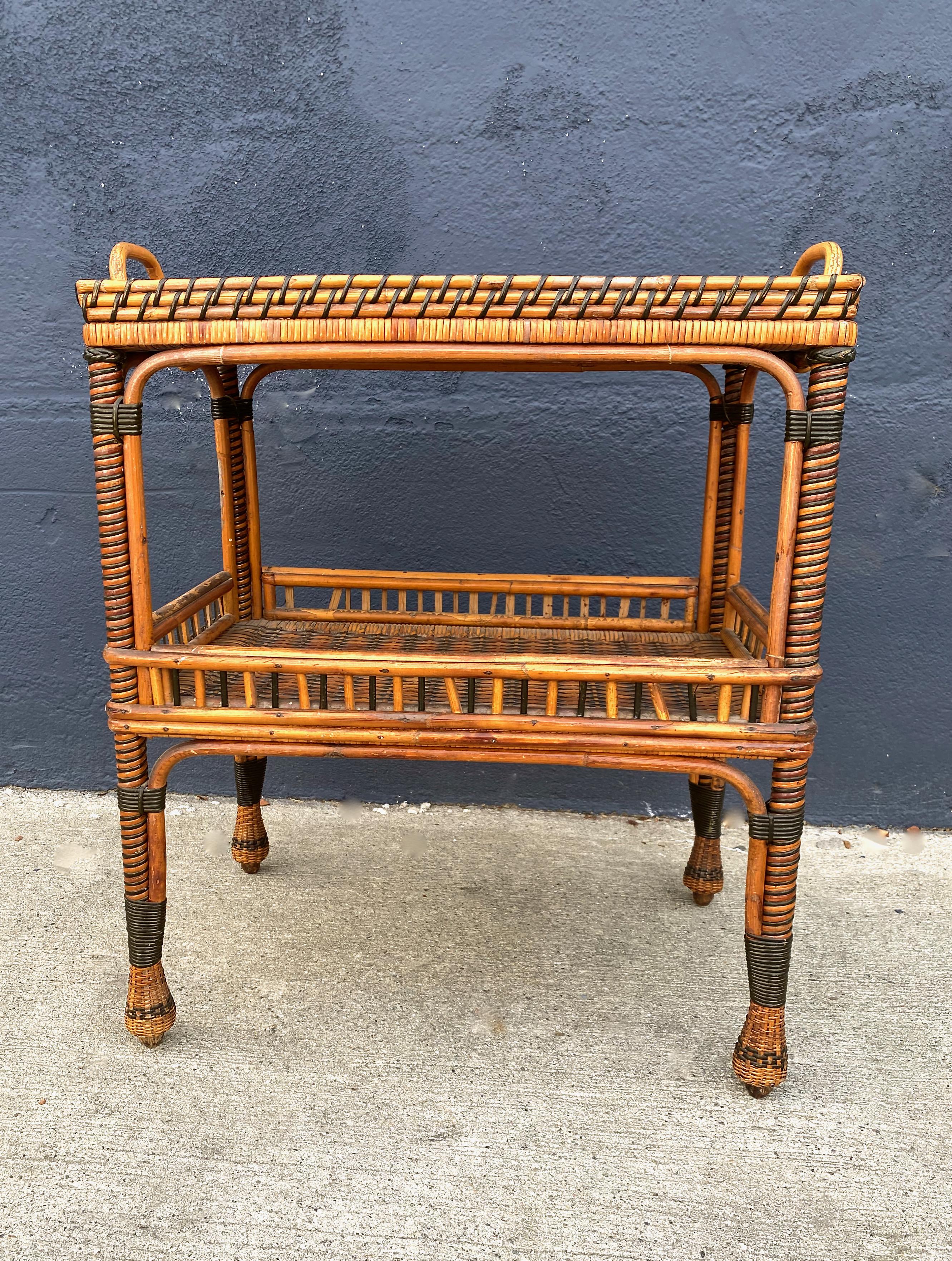 Art Deco French Woven Rattan Side Table, c. 1930-1940