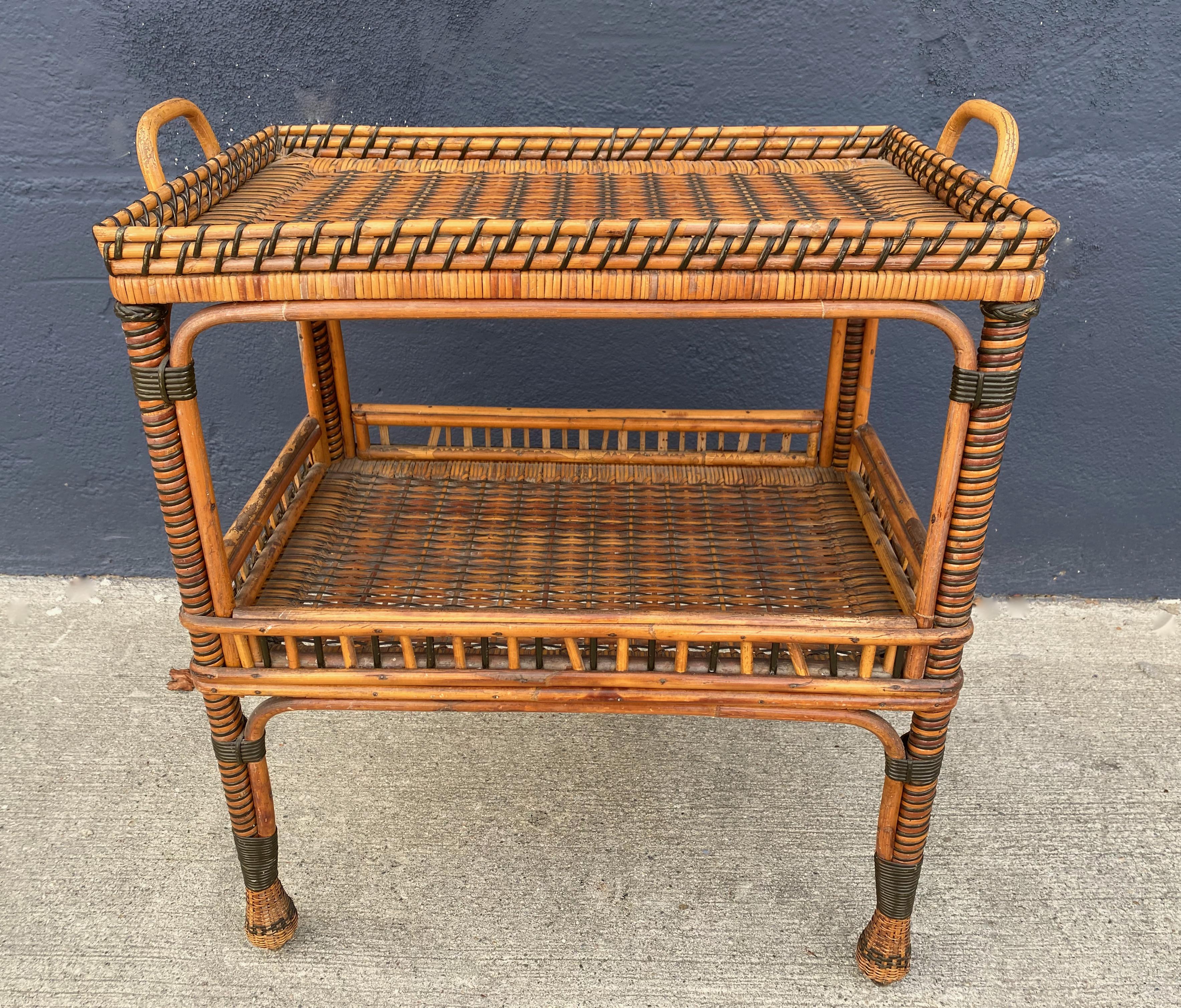 Hand-Woven French Woven Rattan Side Table, c. 1930-1940