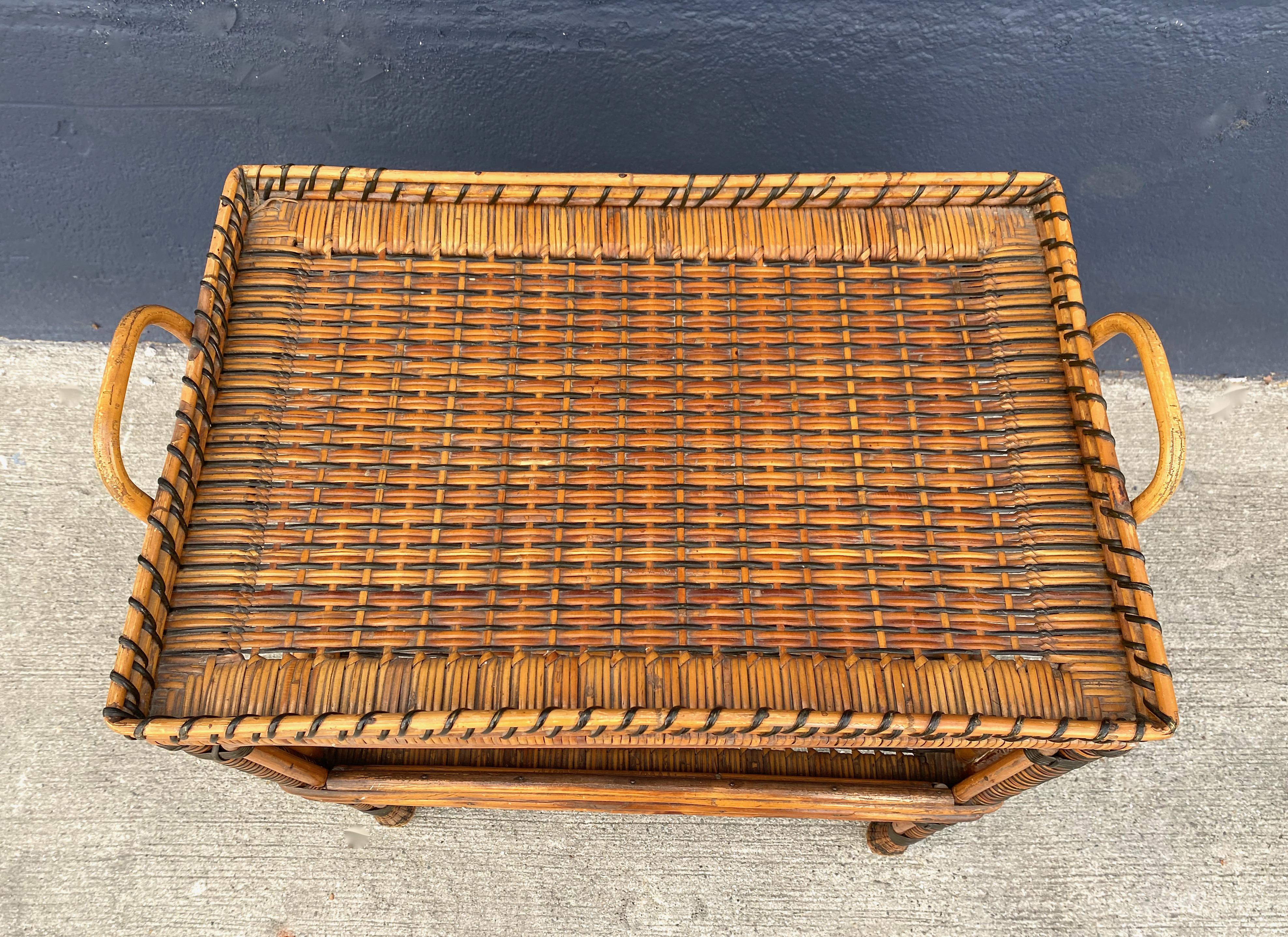 20th Century French Woven Rattan Side Table, c. 1930-1940