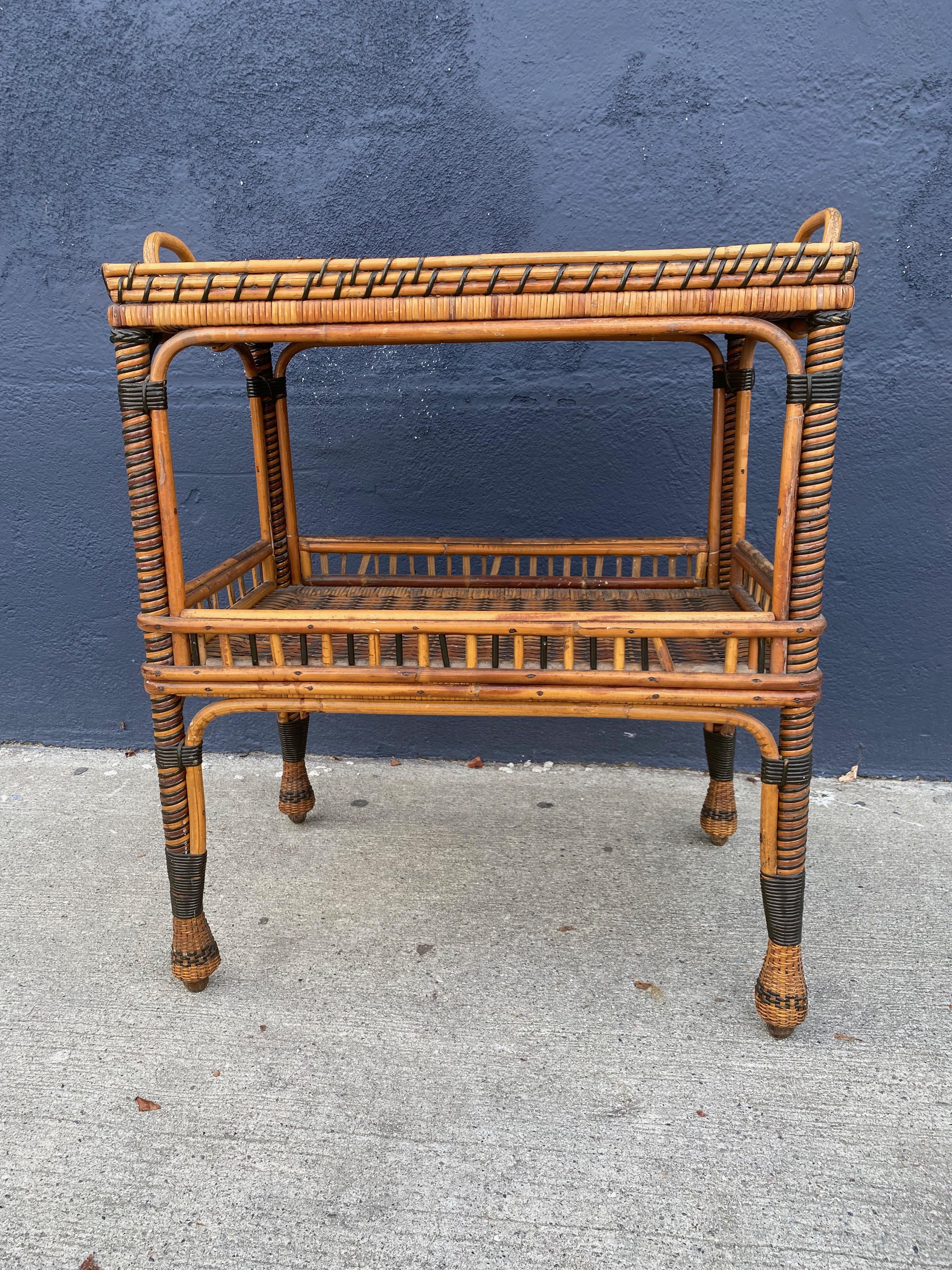 French Woven Rattan Side Table, c. 1930-1940 1