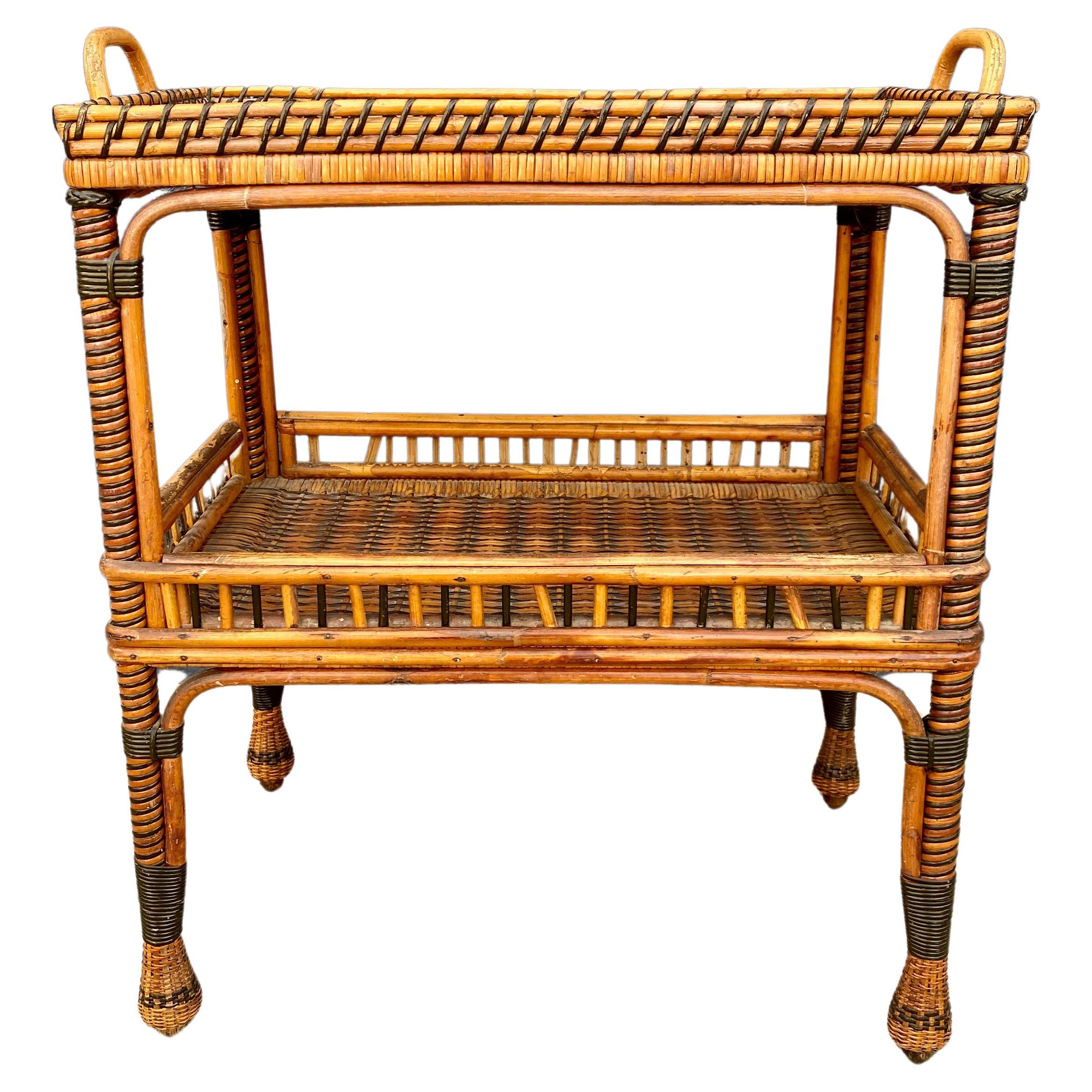 French Woven Rattan Side Table, c. 1930-1940