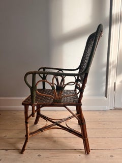 French Woven Rattan Wicker Armchair in Green and Red Colors, ca. 1950s