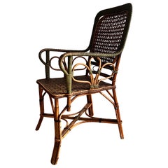 French Woven Rattan Wicker Armchair in Green and Red Colors, ca. 1950s