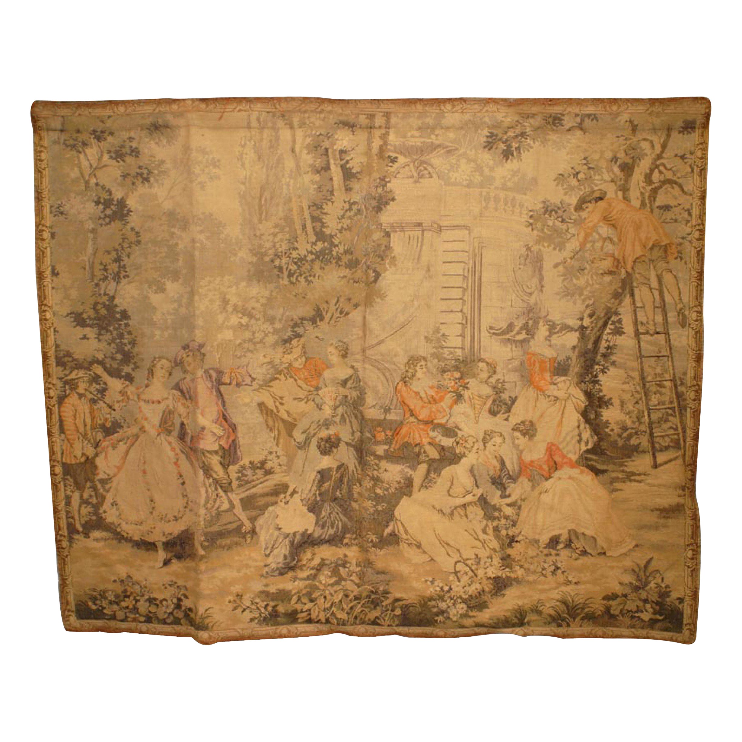 French Woven Tapestry of Figures in a Garden For Sale