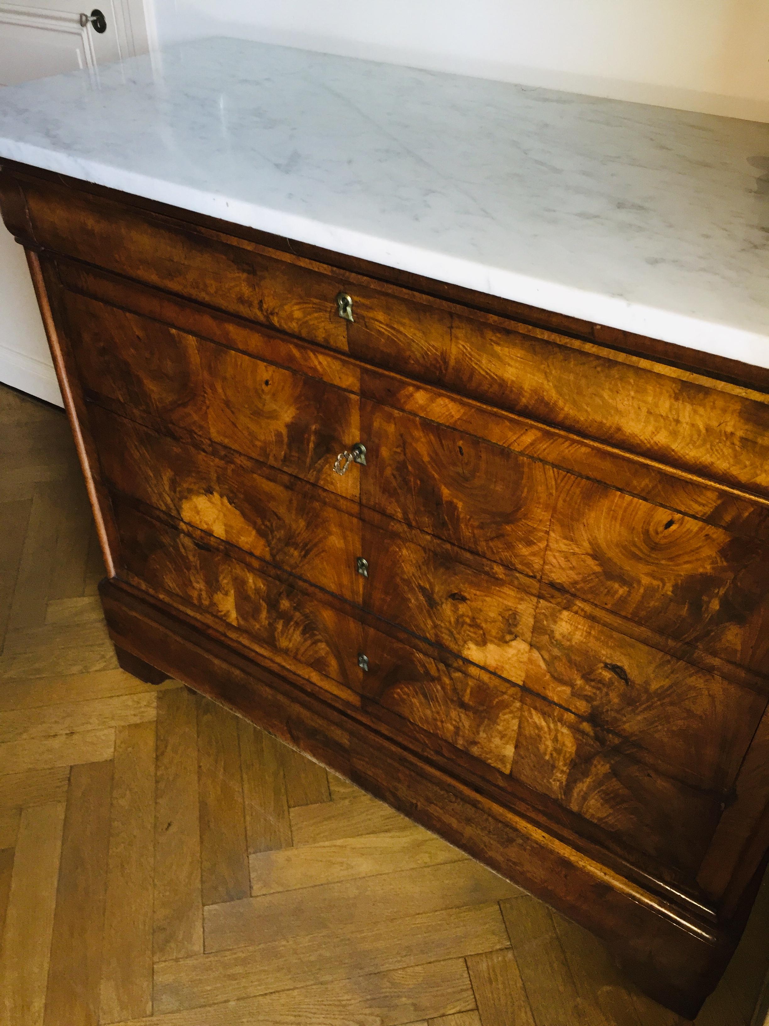 Walnut Burl French Writing Desk-Chest of Drawers  L. Phillipe Marble Top 7