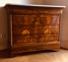 Walnut Burl French Writing Desk-Chest of Drawers  L. Phillipe Marble Top