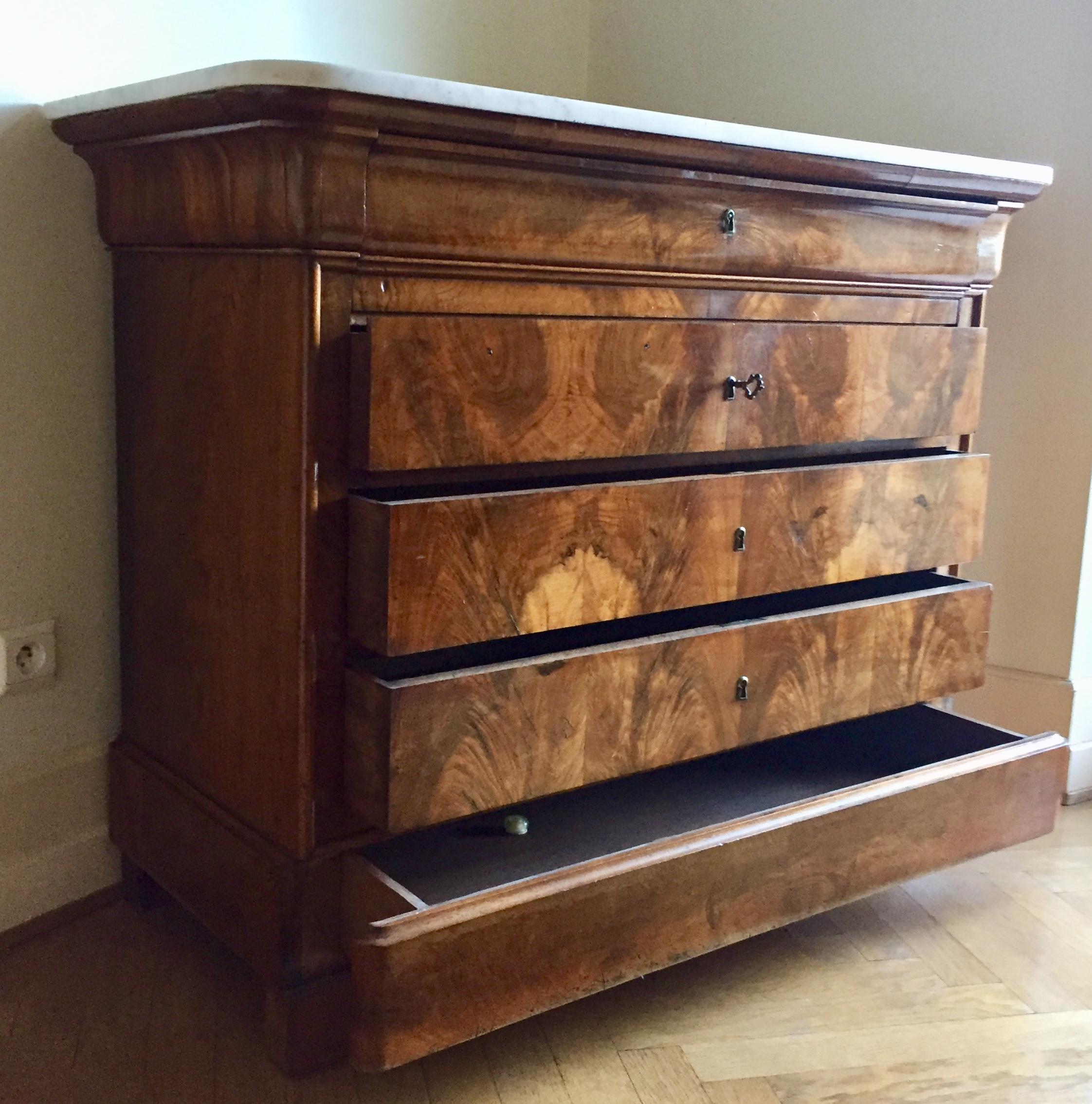 Louis Philippe Walnut Burl French Writing Desk-Chest of Drawers  L. Phillipe Marble Top