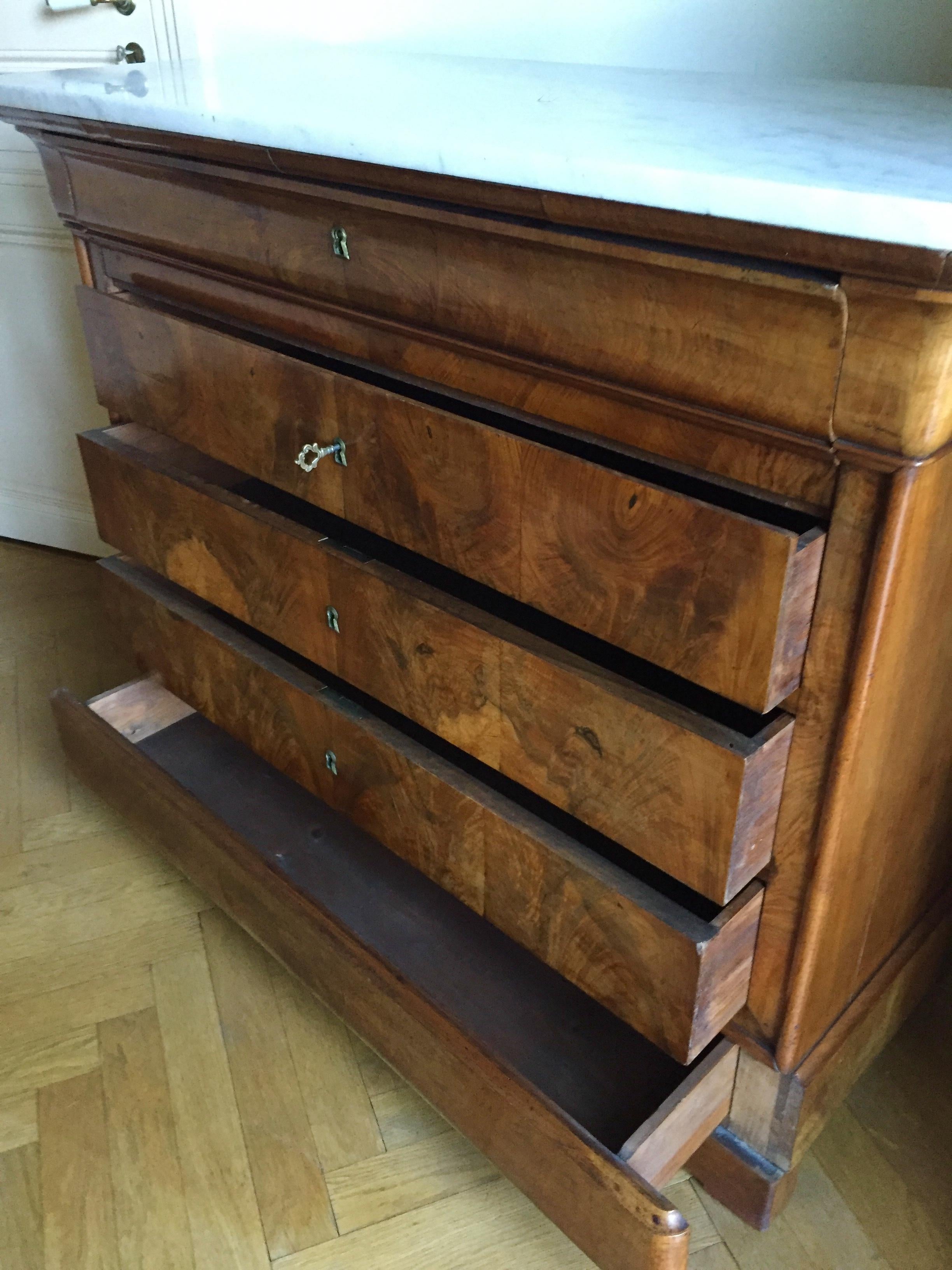 Walnut Burl French Writing Desk-Chest of Drawers  L. Phillipe Marble Top In Good Condition In Miami, FL