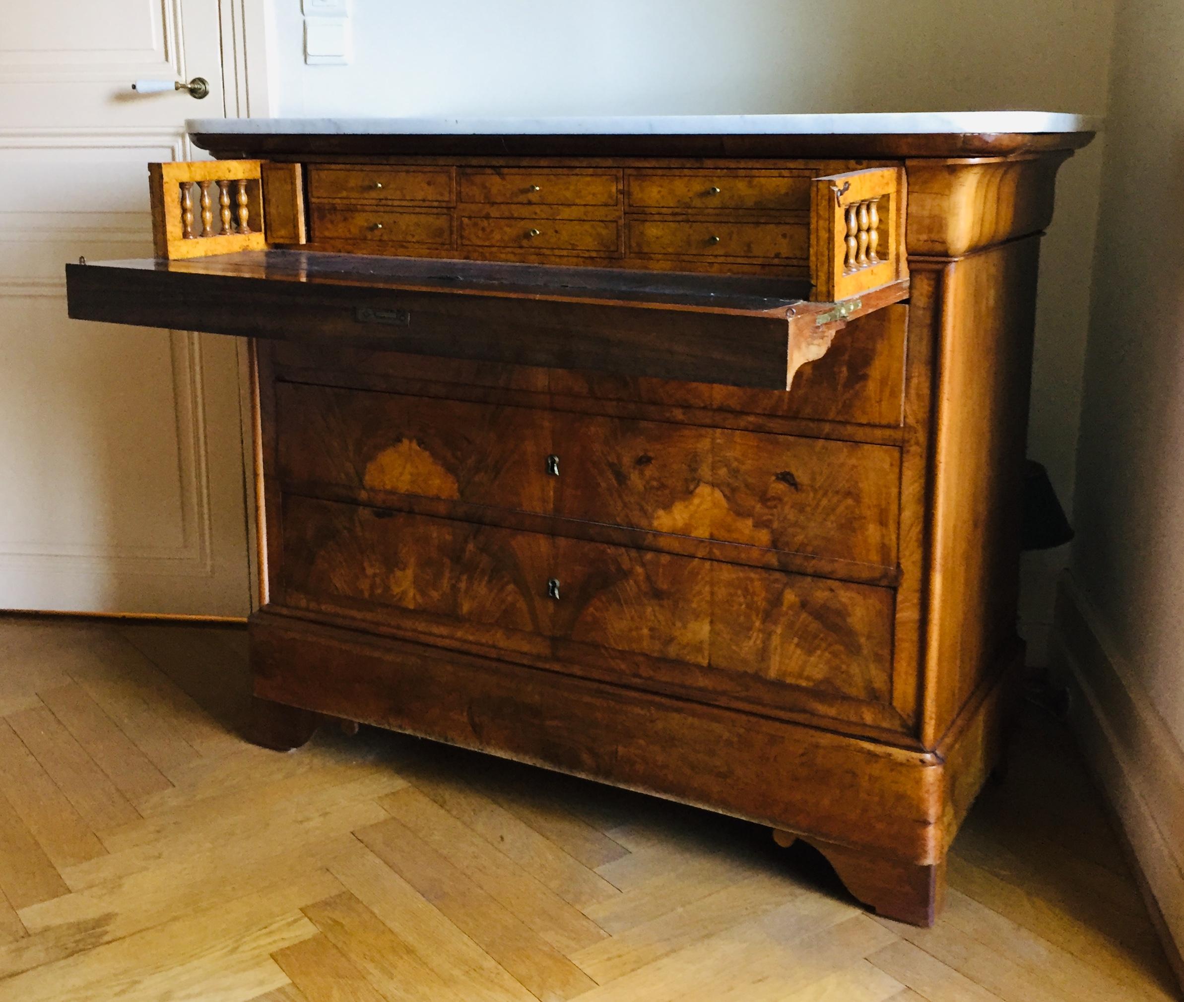 Walnut Burl French Writing Desk-Chest of Drawers  L. Phillipe Marble Top 2