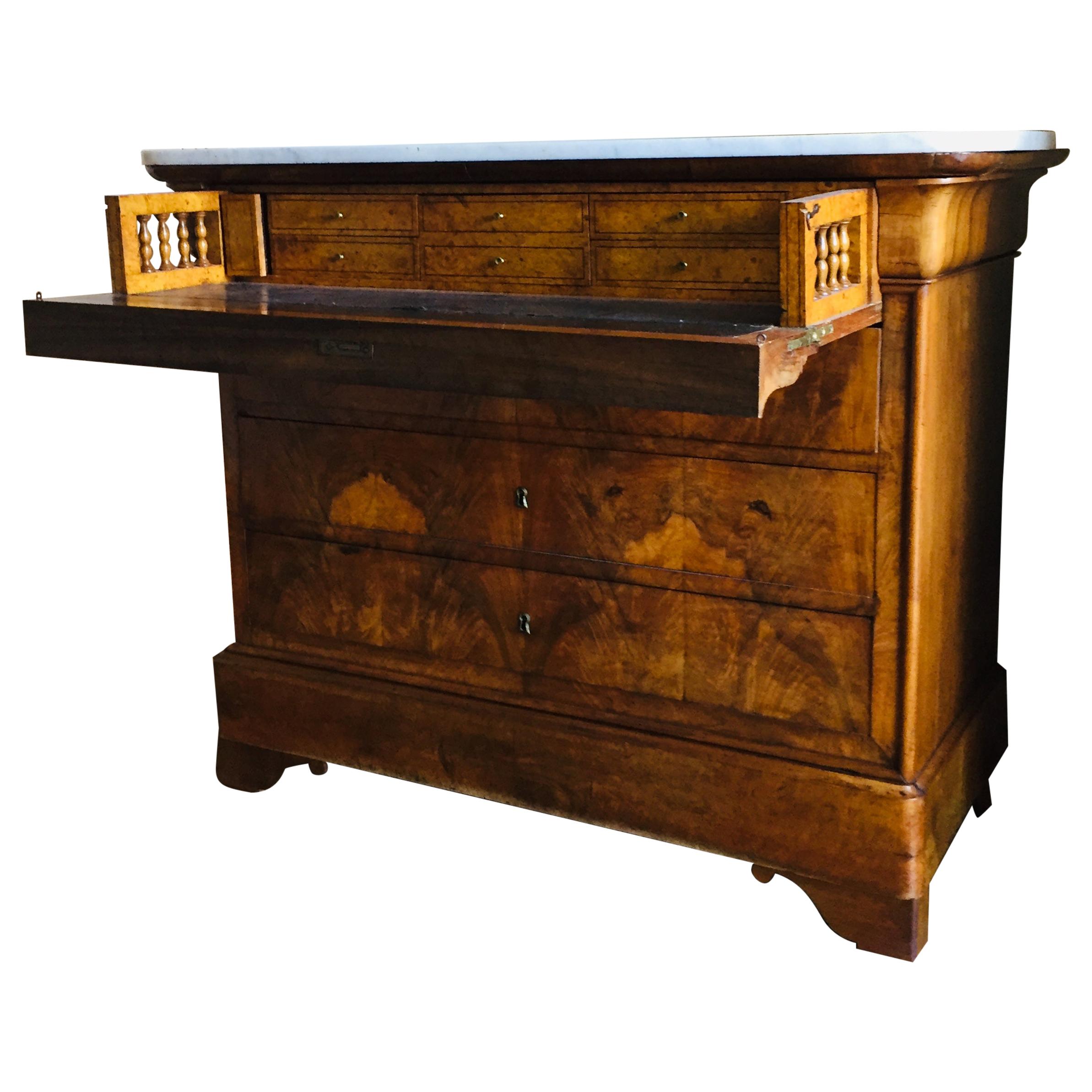 Walnut Burl French Writing Desk-Chest of Drawers  L. Phillipe Marble Top
