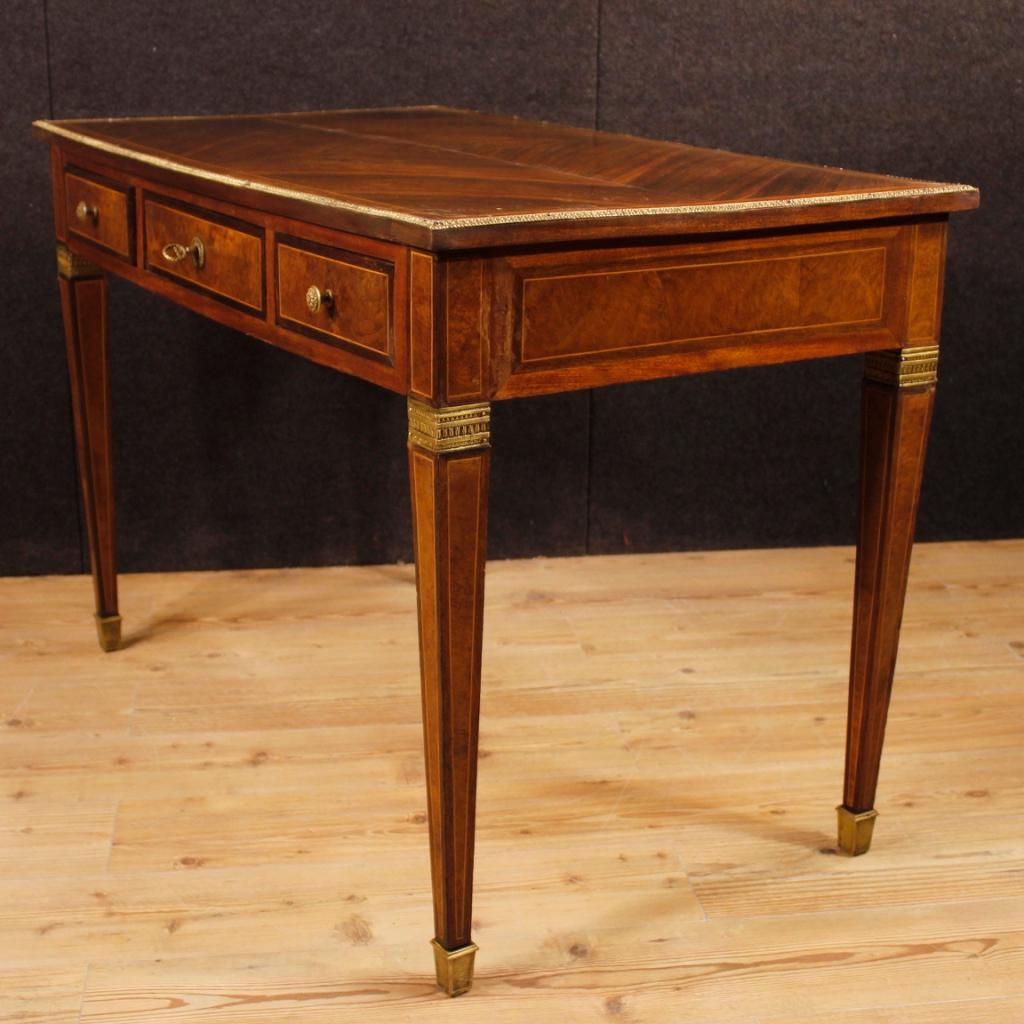 Gilt French Writing Desk in Inlaid Wood in Louis XVI Style from 20th Century