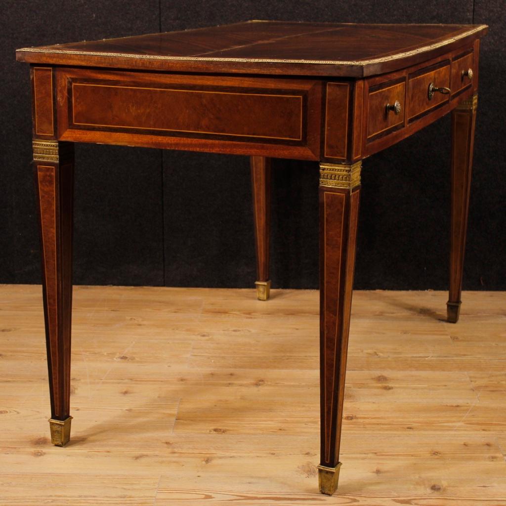 Brass French Writing Desk in Inlaid Wood in Louis XVI Style from 20th Century