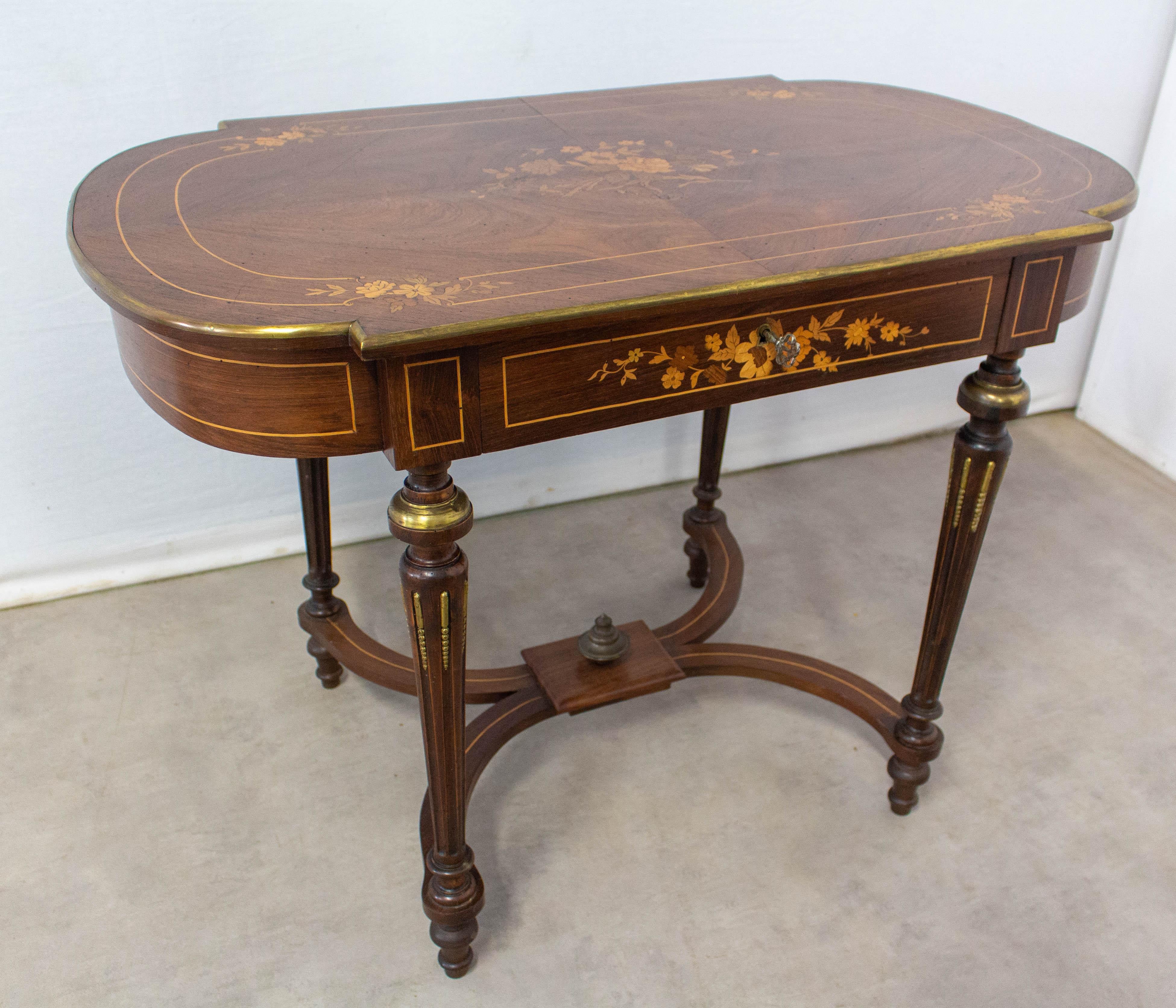 Wood French Writing Table Louis XVI Style Floral Inlays, 19th Century