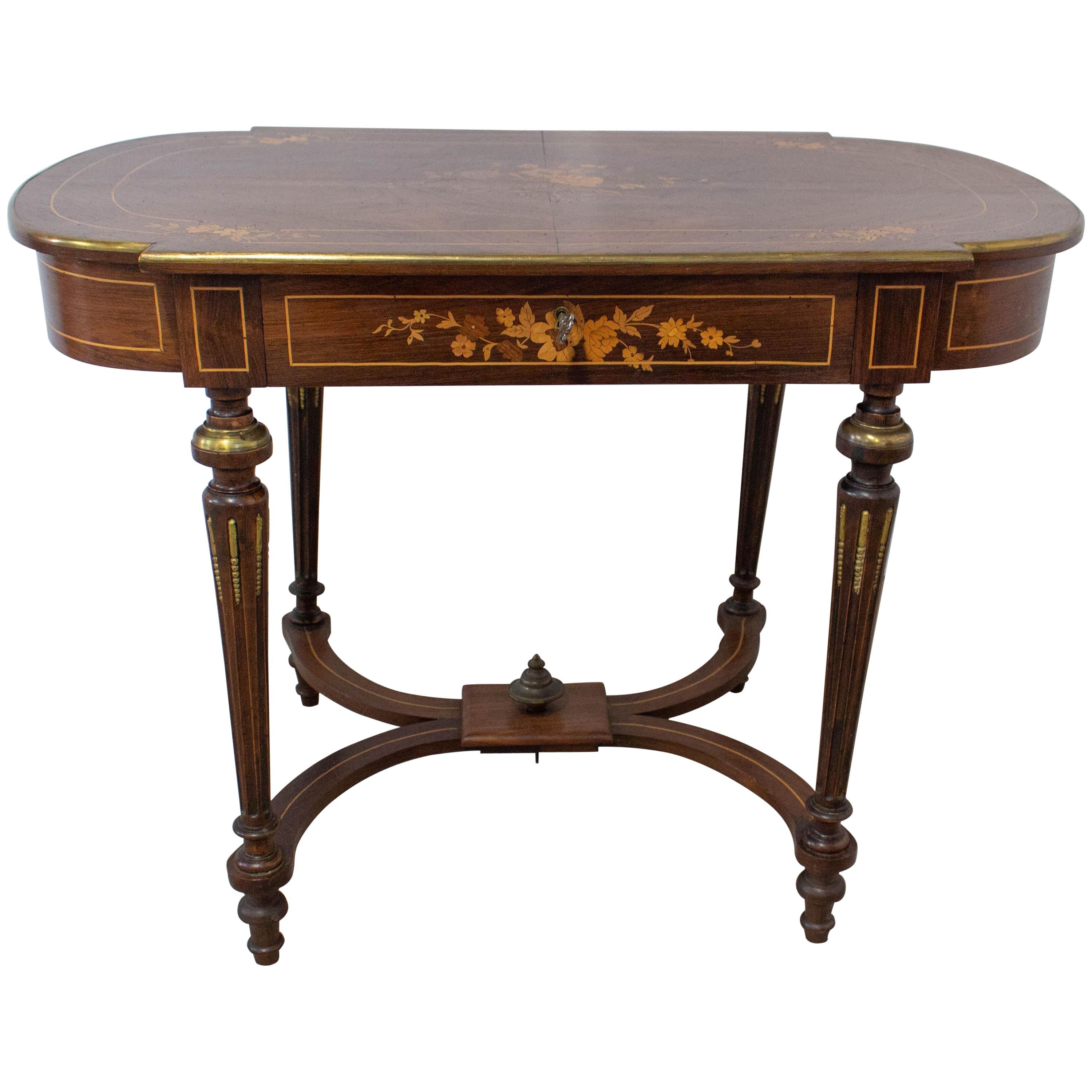 French Writing Table Louis XVI Style Floral Inlays, 19th Century