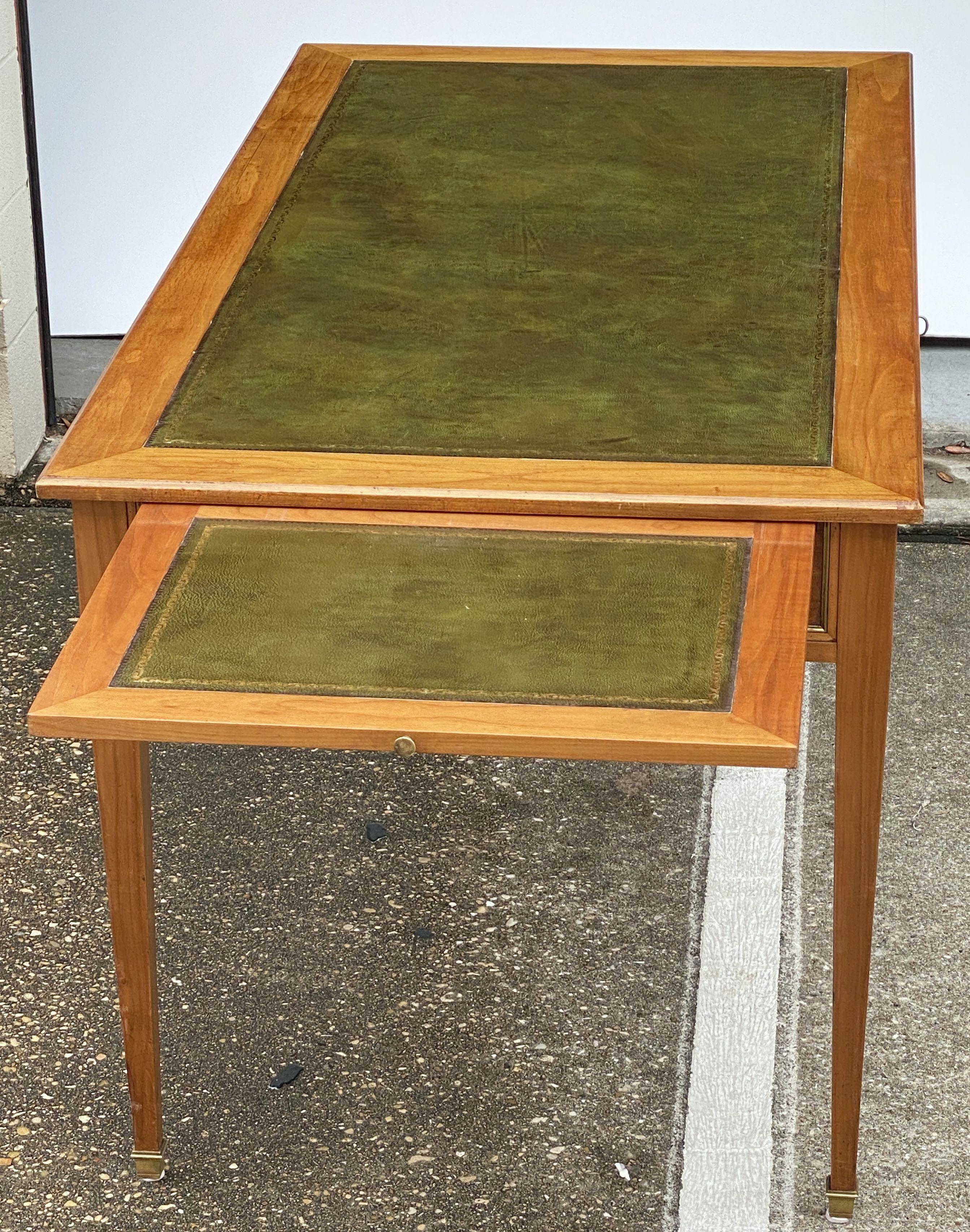 French Writing Table or Desk of Cherry With Embossed Green Leather Top 6