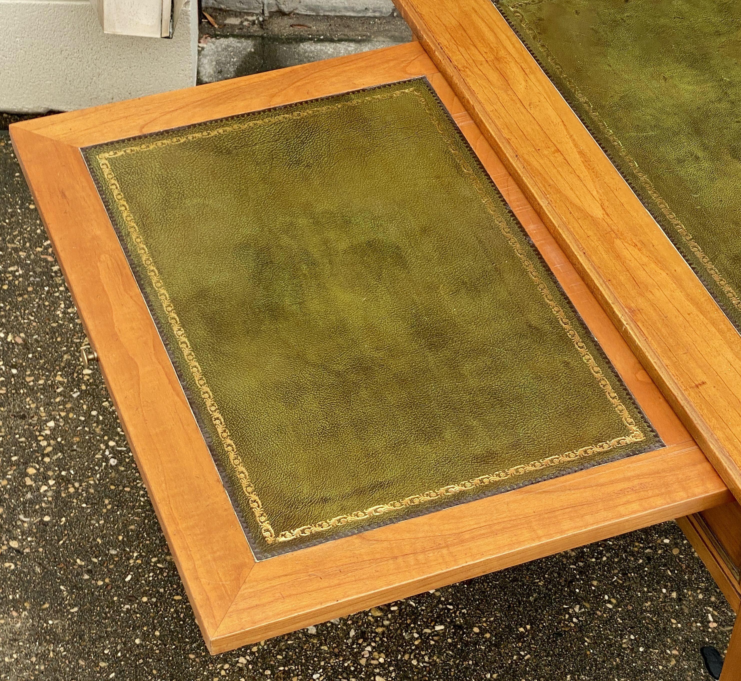 French Writing Table or Desk of Cherry With Embossed Green Leather Top 7