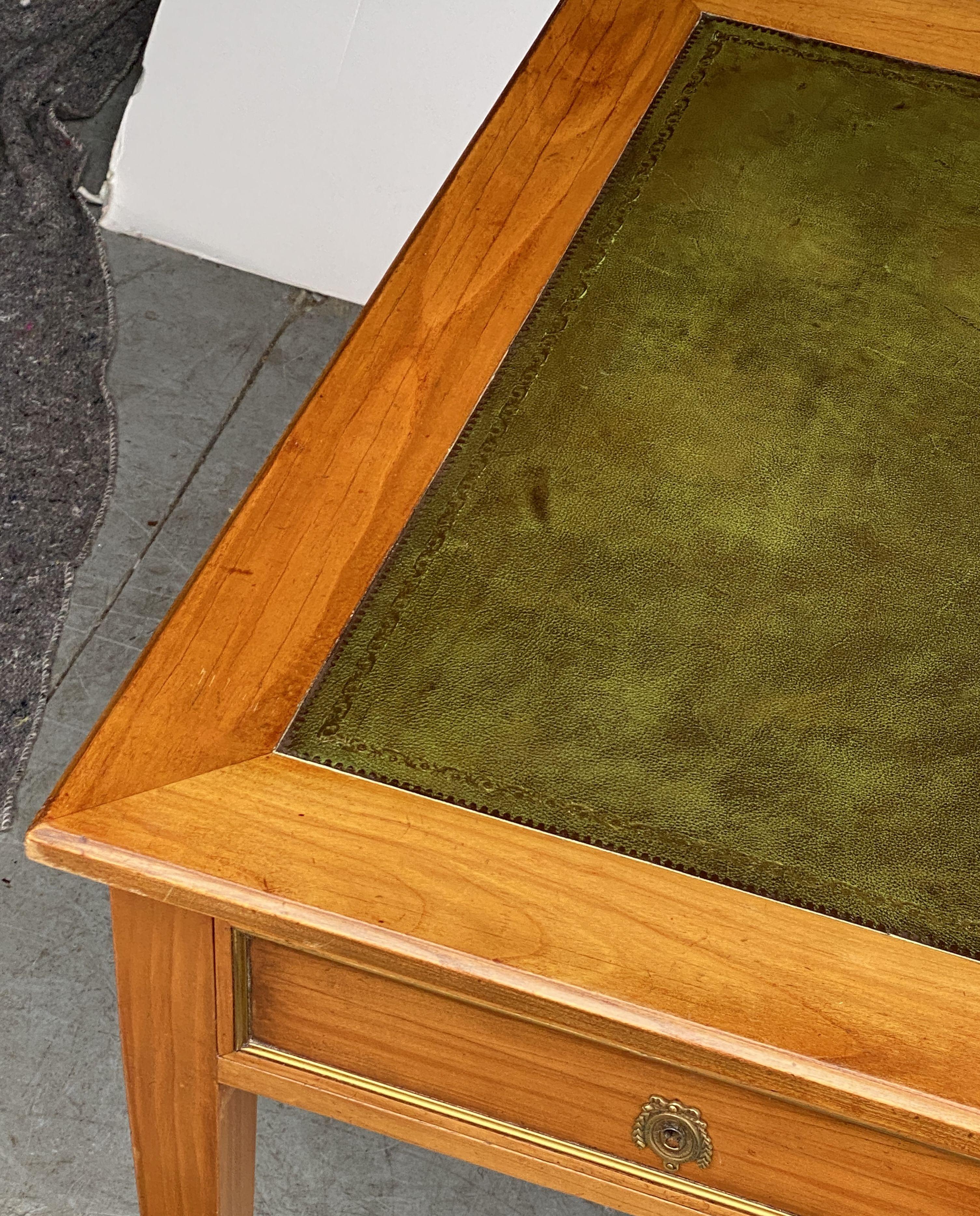 French Writing Table or Desk of Cherry With Embossed Green Leather Top 11