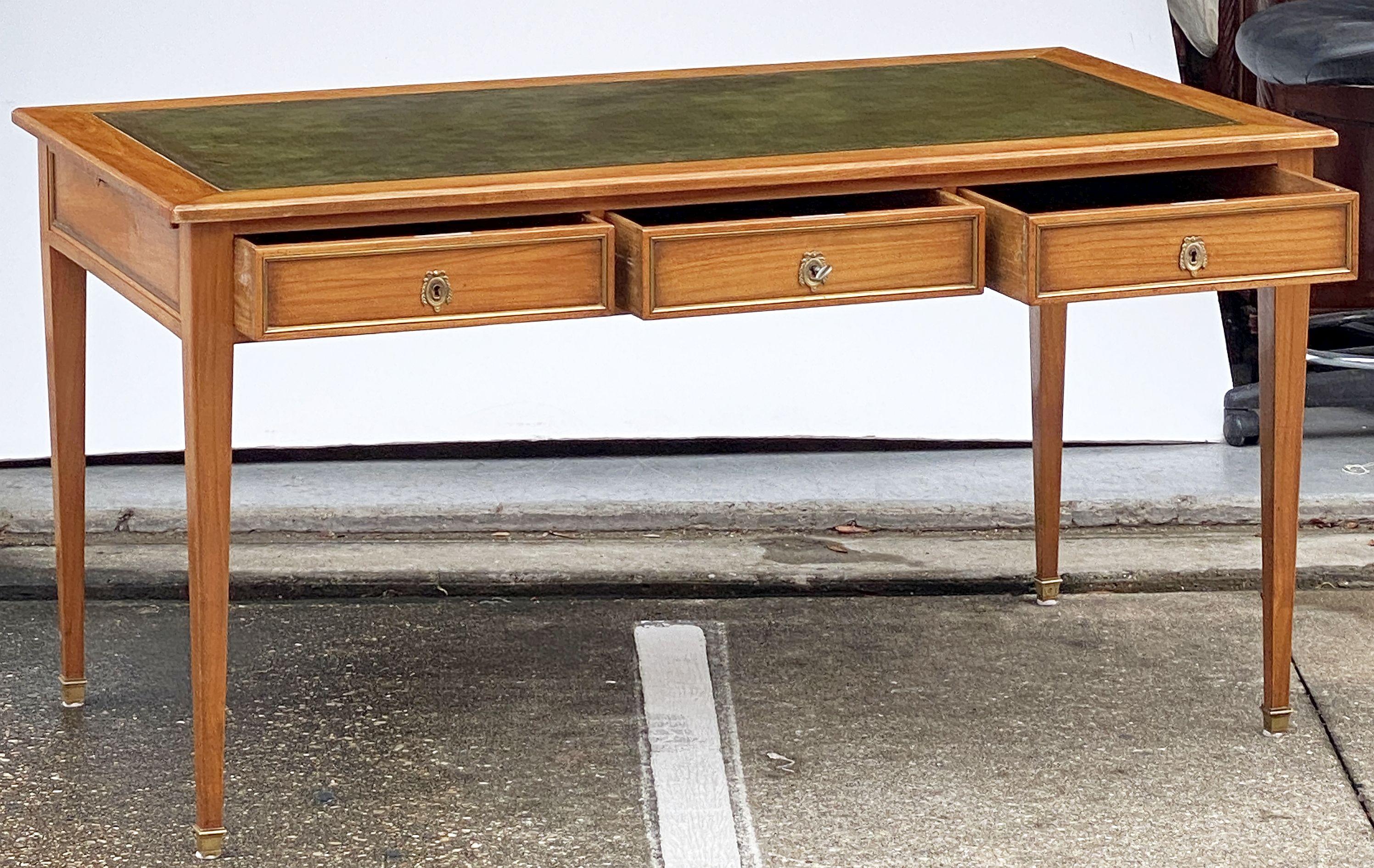 French Writing Table or Desk of Cherry With Embossed Green Leather Top 13