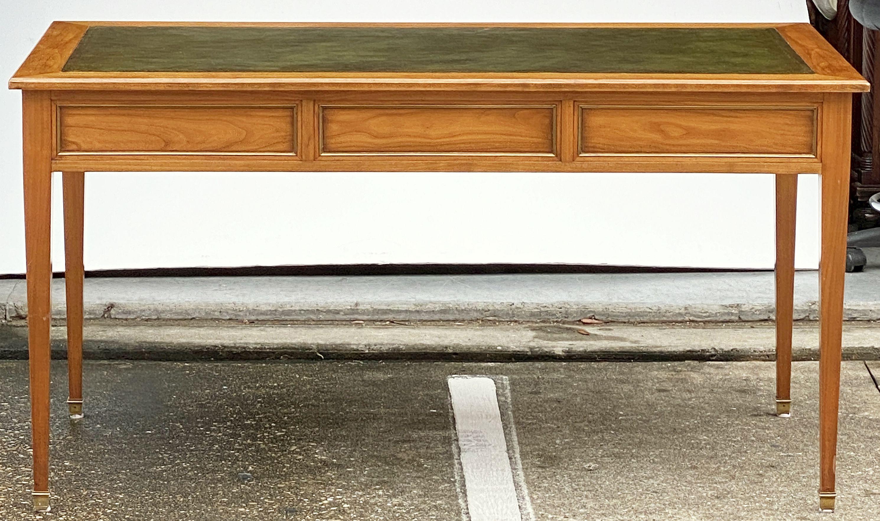 French Writing Table or Desk of Cherry With Embossed Green Leather Top 15