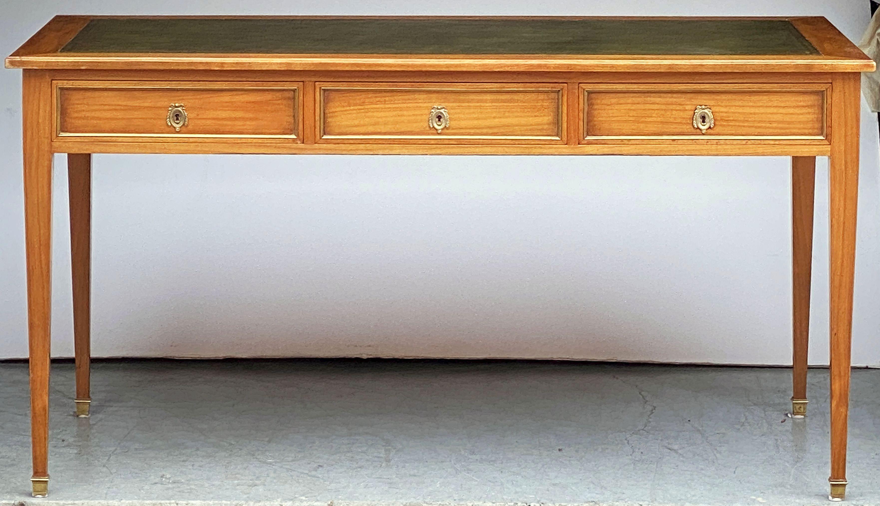19th Century French Writing Table or Desk of Cherry With Embossed Green Leather Top