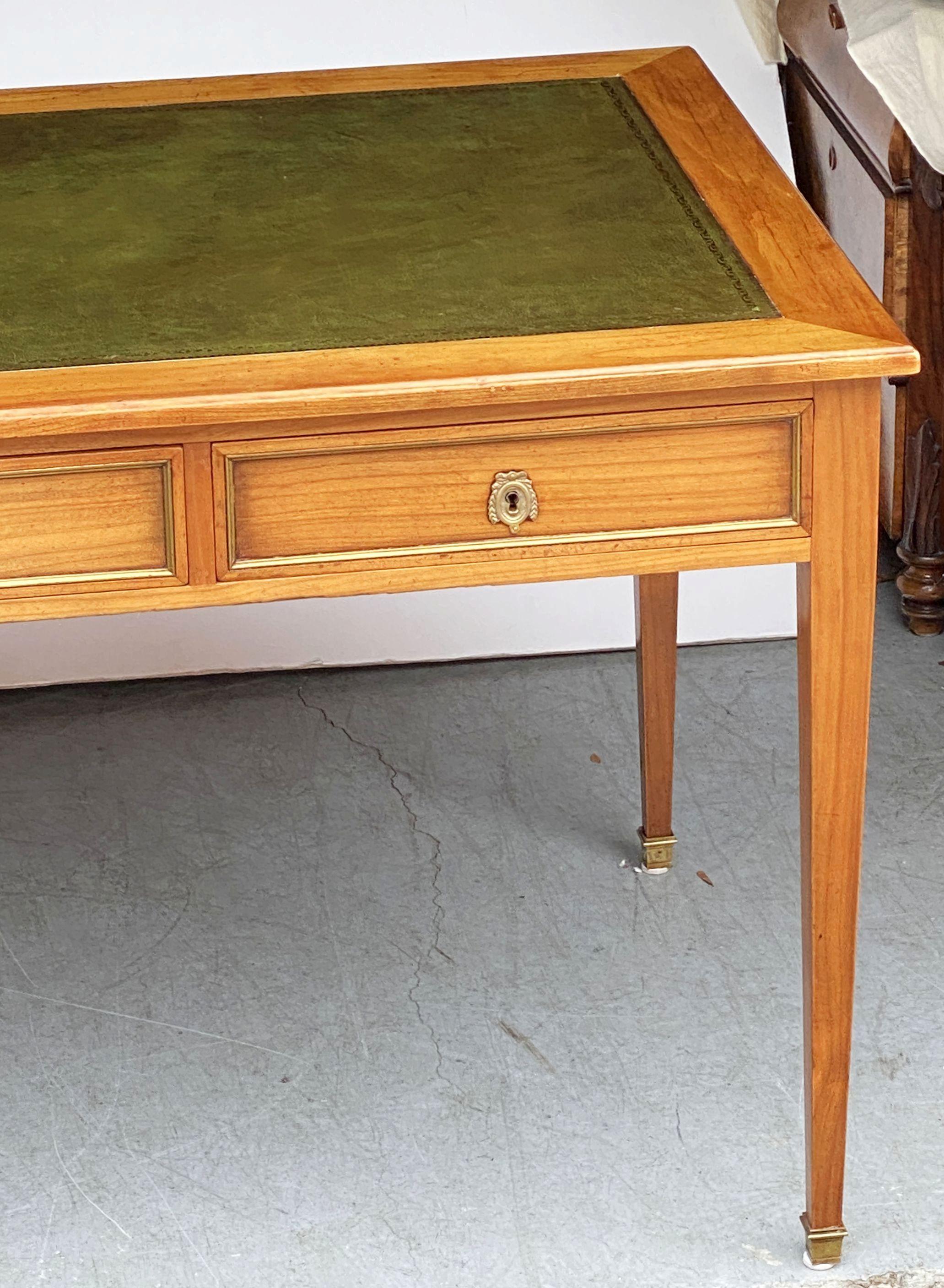 Metal French Writing Table or Desk of Cherry With Embossed Green Leather Top