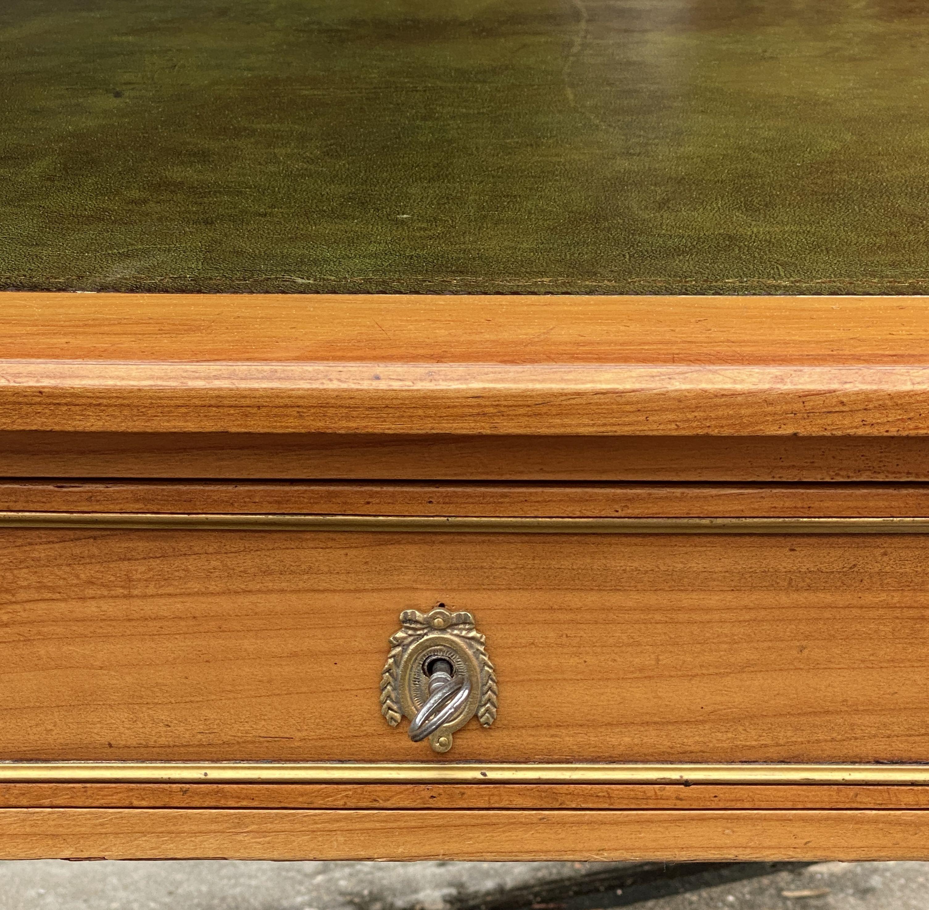 French Writing Table or Desk of Cherry With Embossed Green Leather Top 1